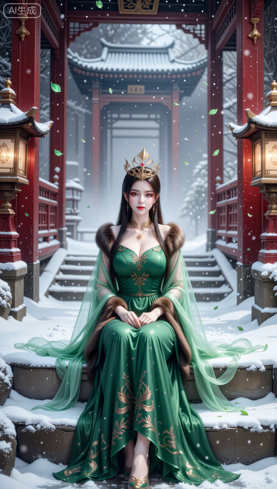 A serene woman sits gracefully on snow - dusted stone steps within a traditional East Asian architectural scene,  framed b...
