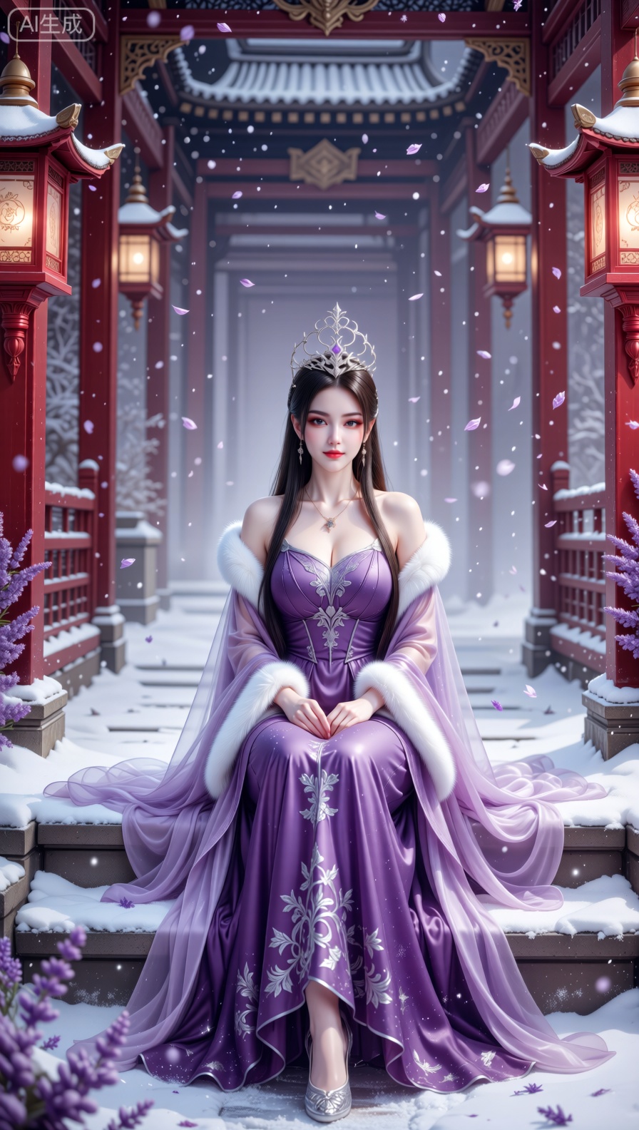 A regal woman sits gracefully on snow - dusted stone steps within a traditional East Asian architectural scene,  framed by...