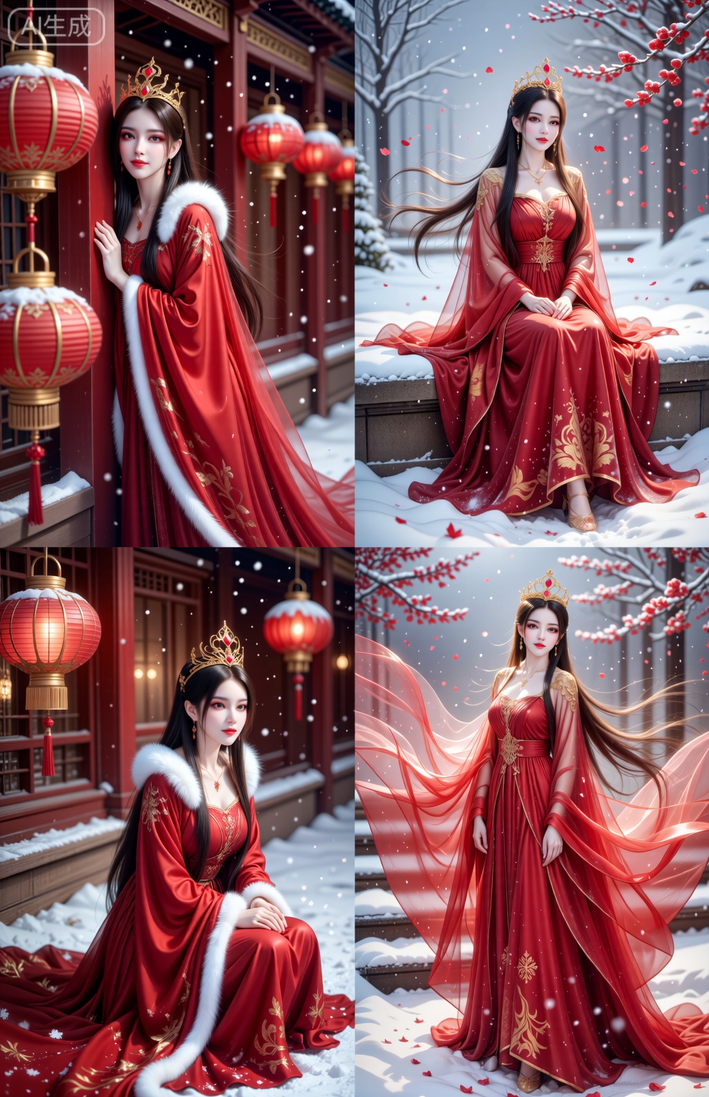 A single composite artwork showcases four interconnected scenes of a regal woman within a snowy, traditional East Asian courtyard defined by vibrant red pillars, glowing ornate lanterns, and a flurry of snowflakes and scarlet petals. In the top - left, she leans elegantly against a red pillar, draped in a flowing red gown with intricate golden embroidery, plush white fur trim, and cascading sheer red silk, crowned with a golden piece adorned with red gems. The top - right captures her seated gracefully on a snow - blanketed stone surface, her form - fitting red gown (with elaborate golden detailing and billowing sheer silk) complemented by a gem - studded golden crown as her hair flows in the breeze. In the bottom - left, she kneels reverently on snow - dusted steps, clad in the same red gown with golden embroidery and soft fur trim, a crown resting atop hair that cascades down her back amid drifting petals and snow. The bottom - right finds her poised on snow - covered steps, the red gown’s intricate golden patterns, luxurious fur trim, and cascading sheer silk glowing, with a crown adorning her head and every detail—from fabric texture to falling snow—rendered in sharp, photorealistic clarity. United by a high - fantasy fine - art style, warm color grading accentuates the vivid reds and golds against snowy whites, while ultra - high resolution ensures lush details (silk sheen, fur softness, floating elements) blend into a single, luminous fairy - tale ambiance of regal elegance and wintry magic.