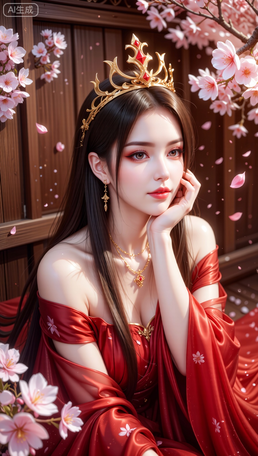 An elegant figure with long,  dark tresses and an ornate golden crown (adorned with a red jewel) poses thoughtfully,  her...