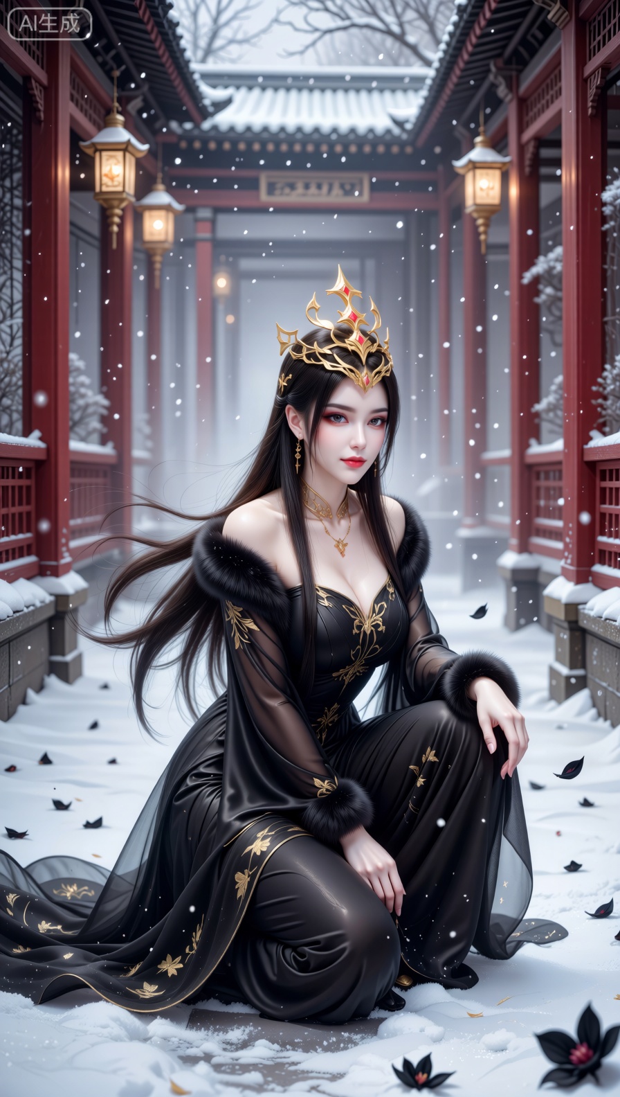An enchanting divine figure crouches elegantly amidst a snowy,  traditional East Asian courtyard with red pillars and orna...