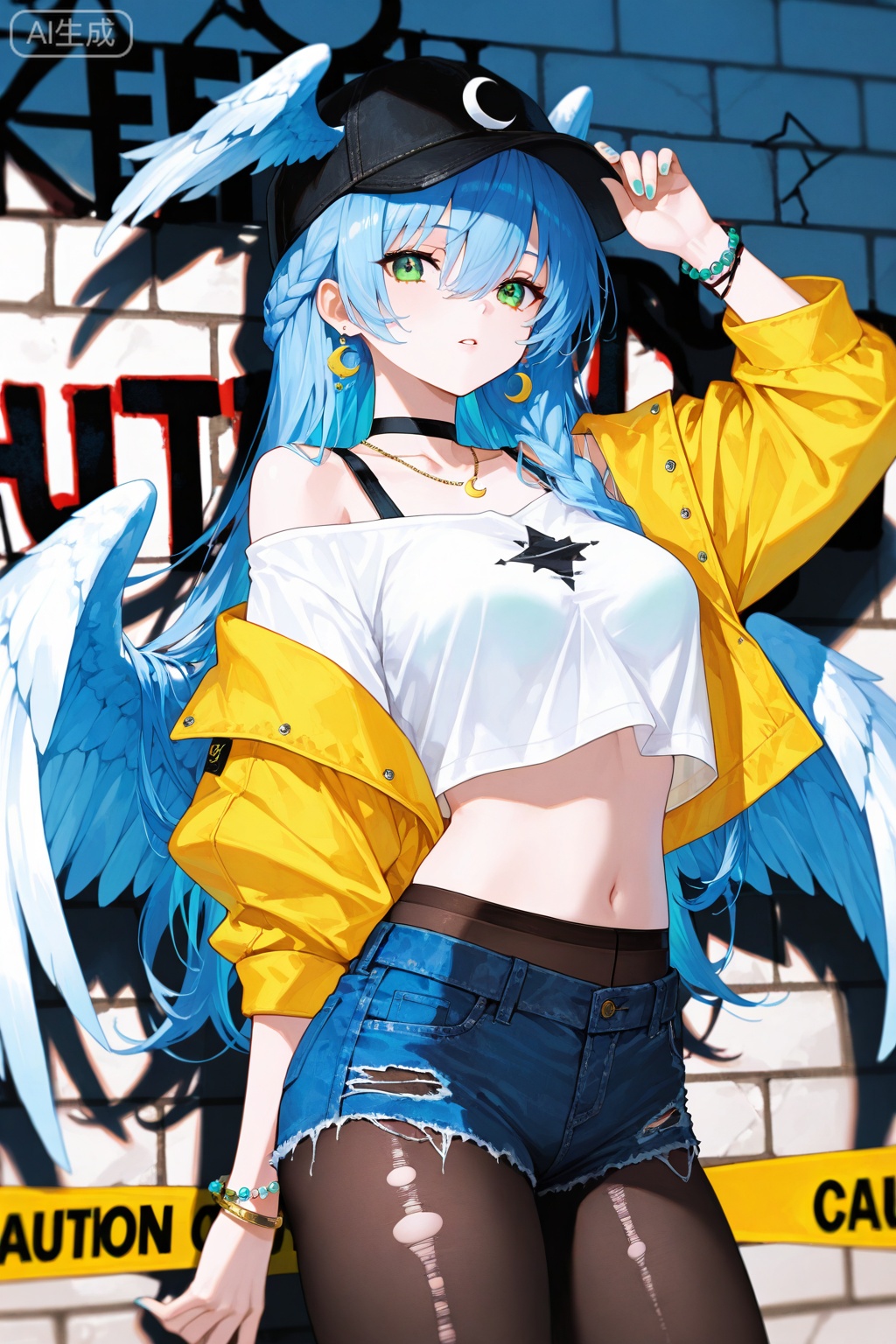 1girl, denim_shorts, jewelry, shorts, crop_top, off_shoulder, denim, choker, long_hair, cutoffs, solo, pantyhose, shirt, caution_tape, navel, crop_top_overhang, midriff, looking_at_viewer, necklace, hat, short_shorts, black_choker, graffiti, cowboy_shot, white_shirt, black_headwear, jacket, open_clothes, baseball_cap, head_wings, yellow_jacket, blue_hair, wings, off-shoulder_shirt, open_jacket, bare_shoulders, very_long_hair, stomach, parted_lips, earrings, blue_shorts, green_eyes, bracelet, keep_out, bra_strap, standing, breasts, beads, brown_pantyhose, black_pantyhose, long_sleeves, torn_clothes, thighs, short_sleeves, hand_up, nail_polish, hand_on_headwear, collarbone, blurry, arm_up, depth_of_field, exposed_pocket, hair_between_eyes, bead_necklace, pantyhose_under_shorts, medium_breasts, bead_bracelet, blurry_foreground, wristband, feathered_wings, braid, crescent_earrings, star_\(symbol\), brick_wall, bangle, crescent 