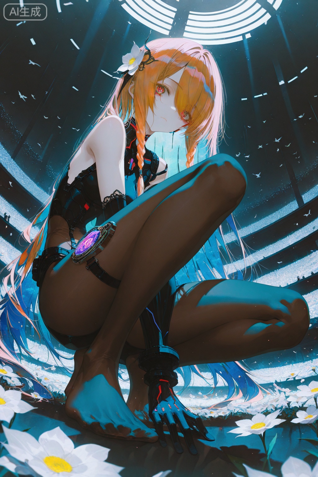 1 girl, solo, long hair, looking at the audience, hair accessories, black gloves, battle suit, brown pantyhose, black pantyhose, bare shoulders,Squatting, long hair, closed mouth, whole body, braids, flowers, thighs, feet,Lace ,in hotel,pattern, suspenders, garters, no shoes, white flowers, knee up, hair down, cyberpunk,\(genshin impact\) (all body) (Show whole body),(all body),Exaggerated movements, large movement amplitude, low angle, low angle lens, high quality, detailed texture, in the best style of tantalizing, lustful anticipation art.depth of field, light particles, lens flare, cover art,(wanke:1.2),(mon (monmon2133):0.5),(mochizuki kei:0.95), (tira 27:0.7),extreme aesthetic,(wlop:0.6), wanke,rella,wanke,masterpiece,best quality,good quality,very aesthetic,absurdres,Visual impact,Electromotive force, perspective composition, A shot with tension, ultra-high resolution,32K UHD,sharp focus,best quality,masterpiece,Emotionalization masterpiece, unconventional supreme,masterful details,with a high end texture,in the style of fashion photography, (Visual impact:1.2),giving the poster a dynamic and visually striking appearance,impactful picture,offcial art,colorful ,splash of color, movie perspective, masterpiece,best quality,amazing quality,very aesthetic, absurdres,best quality,newest,high