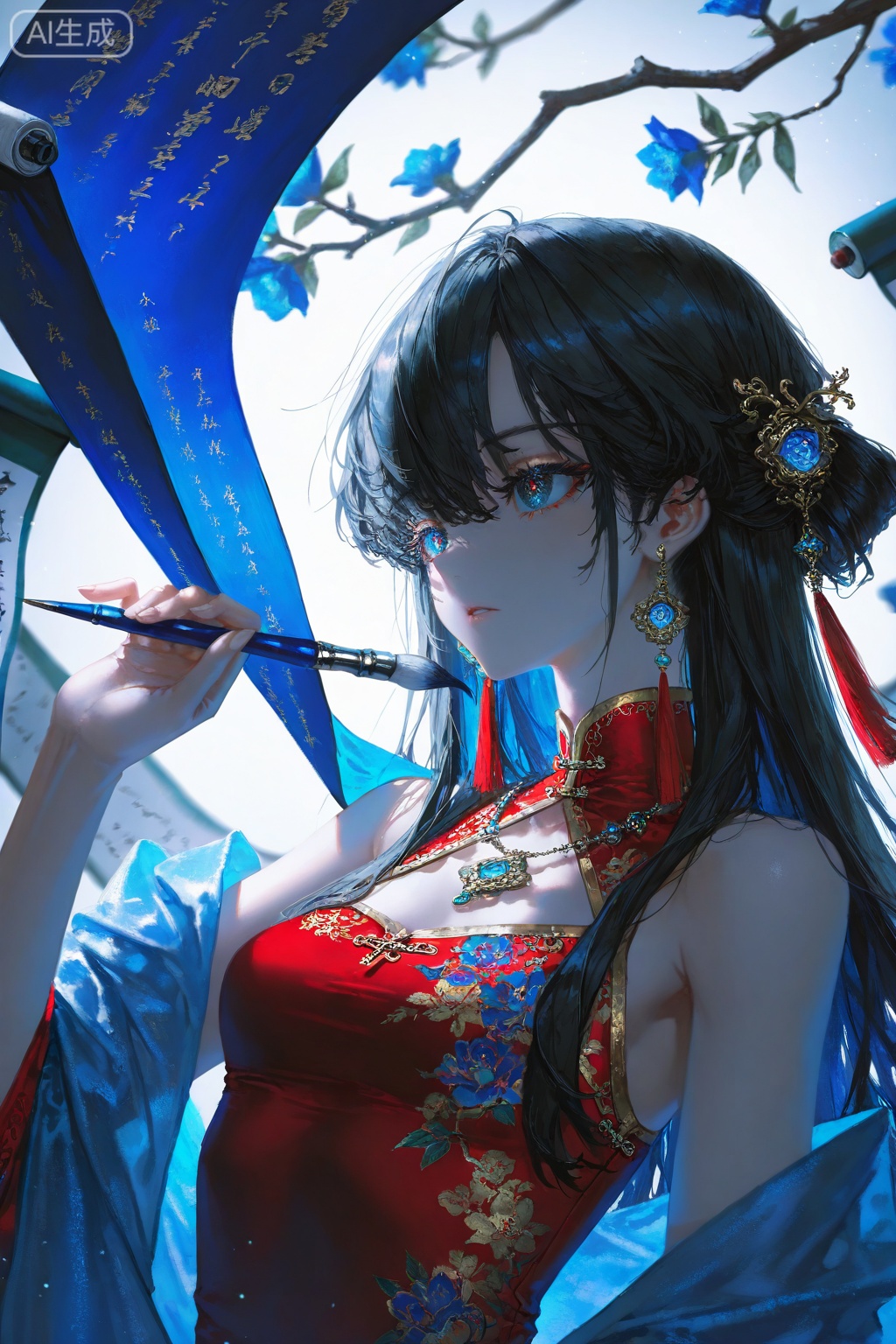 1girl,solo,long hair,black hair,hair ornament,dress,holding,bare shoulders,jewelry,upper body,flower,earrings,necklace,chinese clothes,red dress,branch,paintbrush,scroll,holding brush,backlighting,blue and white theme,depth of field,cinematic lighting,light particles,lens flare,(artist:quasarcake:0.8),extreme aesthetic,(wlop:0.6),masterpiece,best quality,good quality,newest,year 2024,year 2023,very aesthetic,absurdres,Visual impact,A shot with tension,ultra-high resolution,32K UHD,sharp focus,best-quality,masterpiece,Emotionalization,unconventional supreme masterpiece,masterful details,temperate atmosphere,with a high-end texture,in the style of fashion photography,(Visual impact:1.2),giving the poster a dynamic and visually striking appearance,impactful picture,offcial art,colorful,splash of color,movie perspective,masterpiece,best quality,amazing quality,very aesthetic,absurdres,best quality,newest,