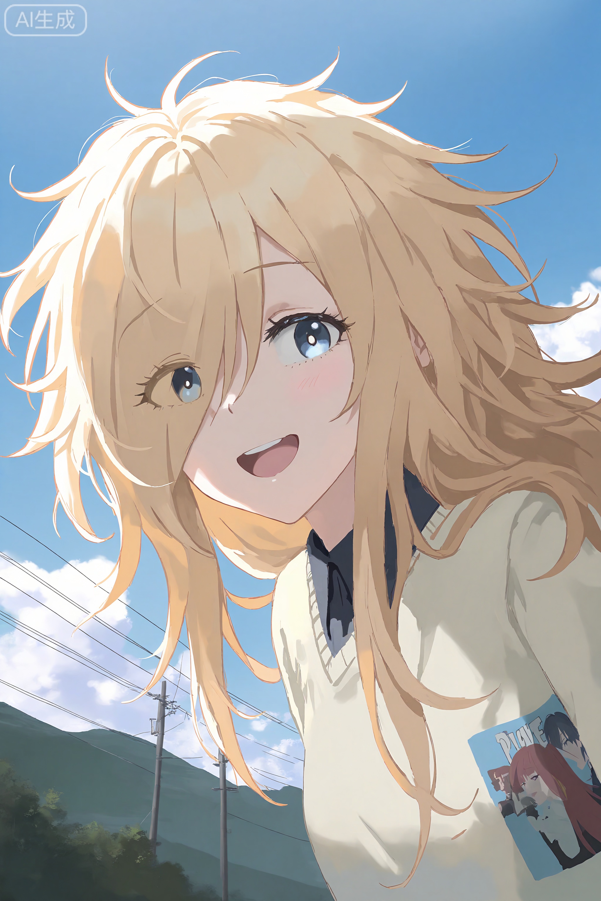 masterpiece,best quality,amazing quality,very aesthetic,absurdres,best quality,newest,(artist:quasarcake:0.8),extreme aesthetic,(wlop:0.9),masterpiece,best quality,good quality,newest,very aesthetic,absurdres,A shot with tension,(Visual impact,giving the poster a dynamic and visually striking appearance:1.2),offcial art,splash of color,movie perspective,Fuyune Kōjiya,1girl,solo,long hair,sky,blonde hair,outdoors,cloud,open mouth,day,smile,blue sky,messy hair,hair over one eye,power lines,shirt,sweater