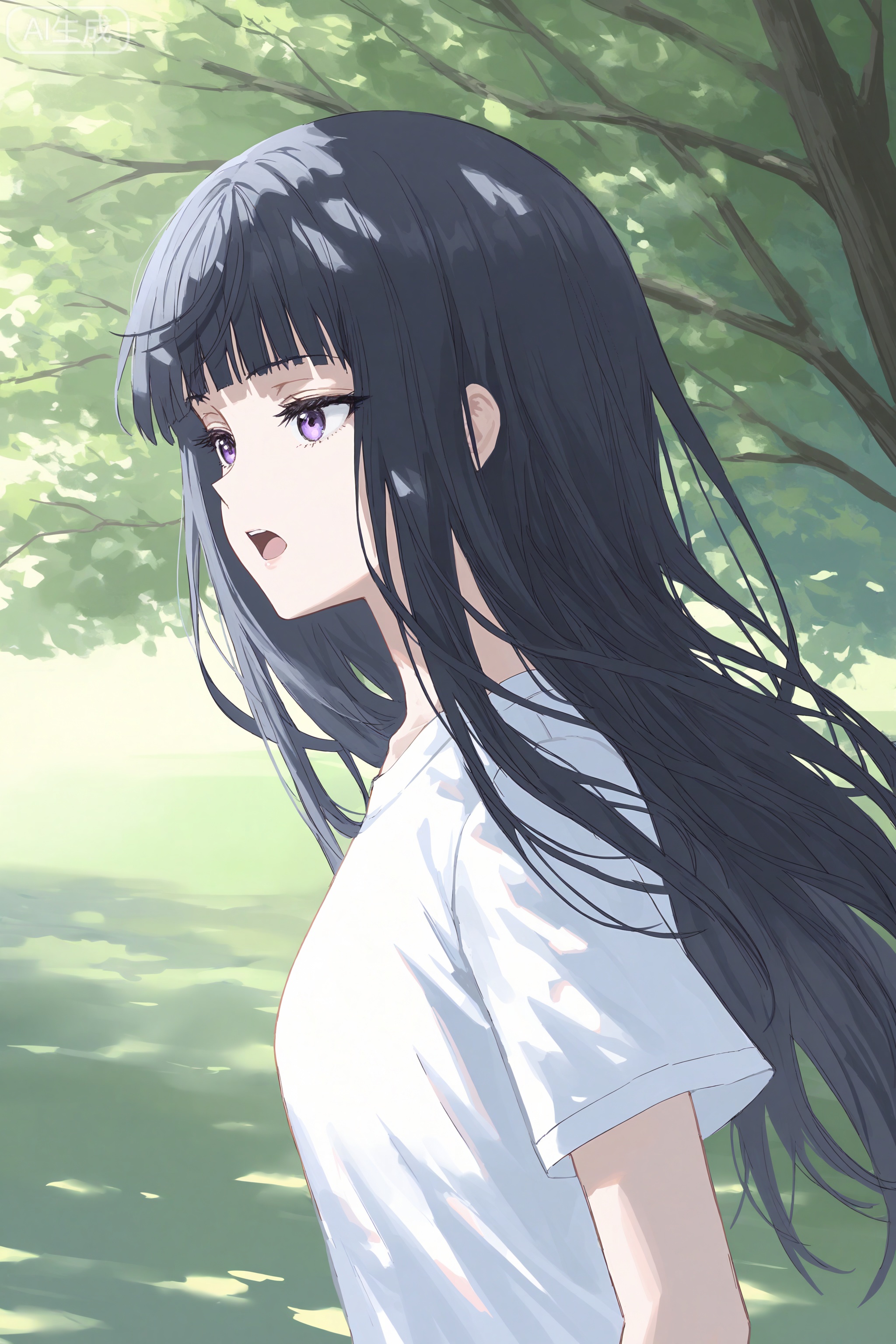 masterpiece, best quality, amazing quality, very aesthetic, absurdres, best quality, newest, (artist:quasarcake:0.8), extreme aesthetic, (wlop:0.9), masterpiece, best quality, good quality, newest, very aesthetic, absurdres, Riri Tenkūbashi, 1girl, solo, anime coloring, purple eyes, black hair, long hair, outdoors, tree, shirt, open mouth, 