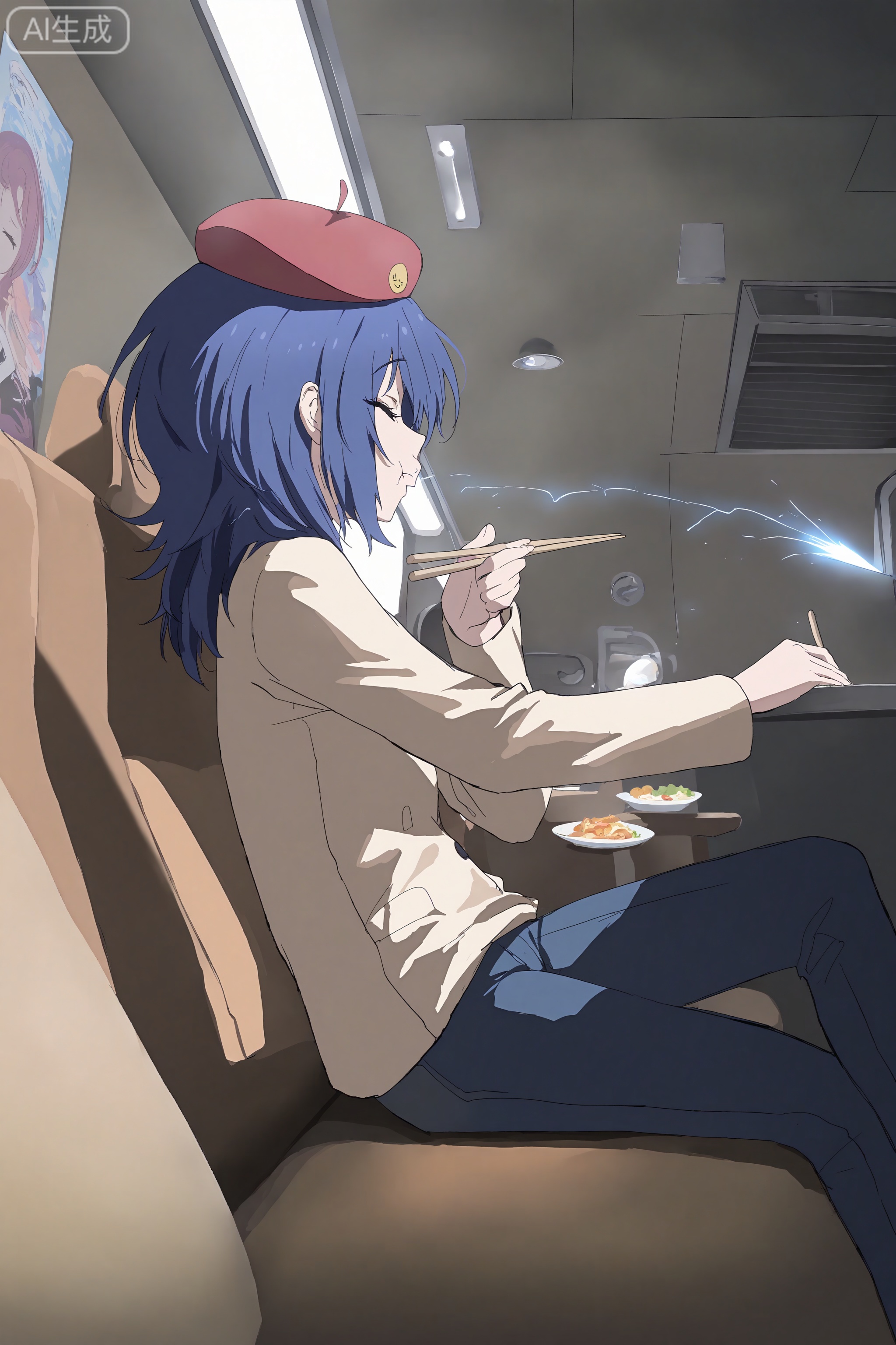 1girl,blue hair,closed eyes,solo,chopsticks,hat,eating,red headwear,holding chopsticks,holding,indoors,beret,sitting,,,,,Prompt
masterpiece,best quality,amazing quality,very aesthetic,absurdres,best quality,newest,(artist:quasarcake:0.8),extreme aesthetic,(wlop:0.9),masterpiece,best quality,good quality,newest,very aesthetic,absurdres,A shot with tension,(Visual impact,giving the poster a dynamic and visually striking appearance:1.2),offcial art,splash of color,movie perspective