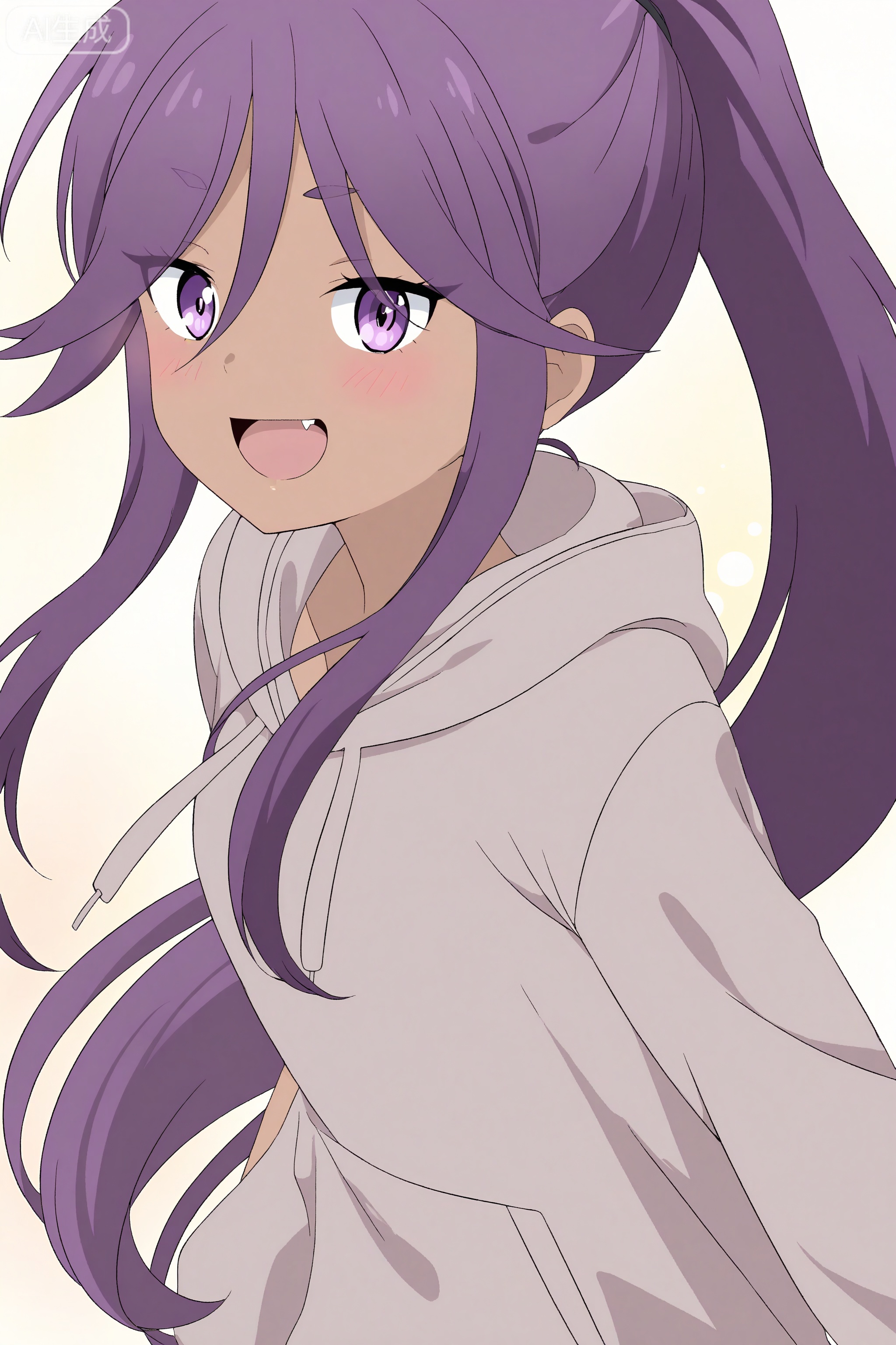 Koyomi Hasunuma,solo,1girl,purple eyes,purple hair,long hair,hoodie,hood,anime coloring,open mouth,smile,looking at viewer,ponytail,fang,blush,dark-skinned female,:d