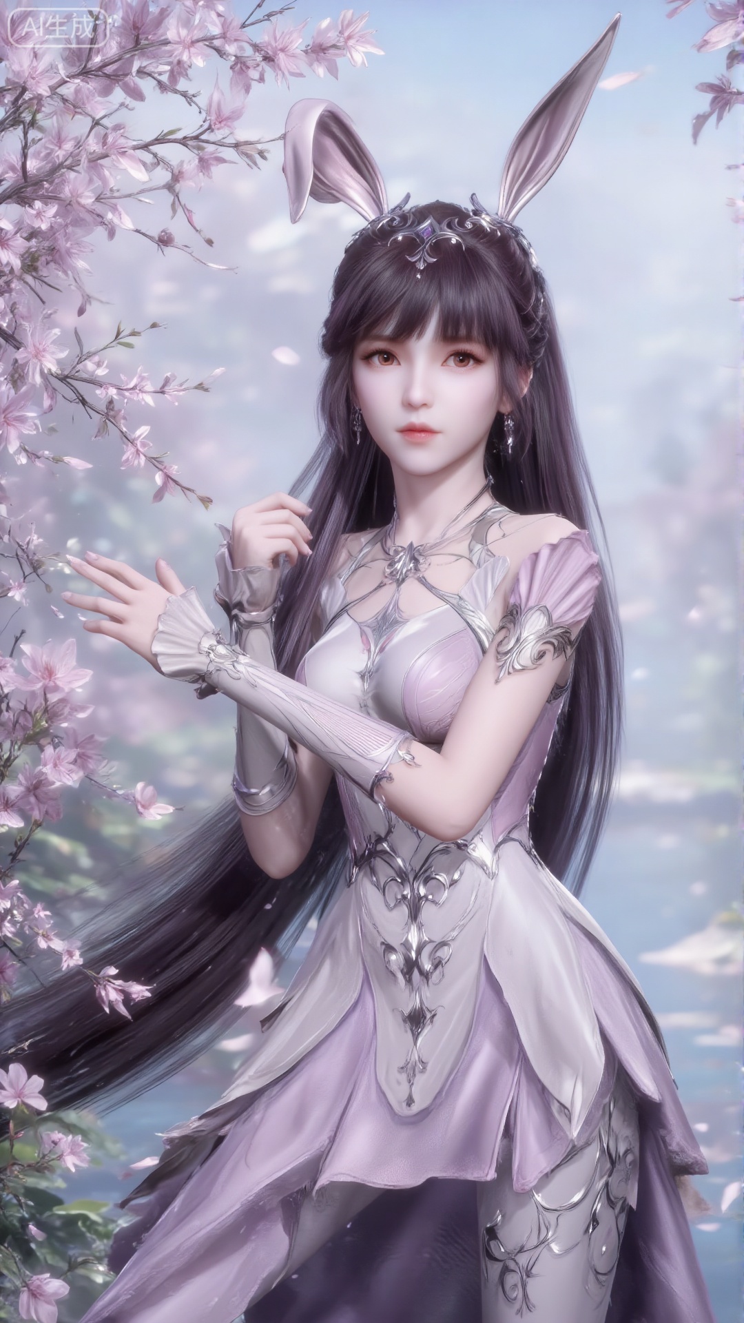 1 girl,In the flowers,rabbit ears,earrings,eyelashes,a charming face,glowing lips,clavicle,shoulder exposure,floating petals,dreamy and beautiful,bikini,medium breasts,cleavge,(upper_body:1.6),(masterpiece, top quality, best quality, official art, beautiful and aesthetic:1.2),xwhd,1 girl, solo, long hair, brown hair, black hair, hair accessories, high socks, dress, animal ears, very long hair, pink dress, rabbit ears, high heels, 1 girl, solo, long hair, brown hair, hair accessories, high hair, dress, animal ears, very long hair, rabbit ears, collar, pink dress, metal collar.