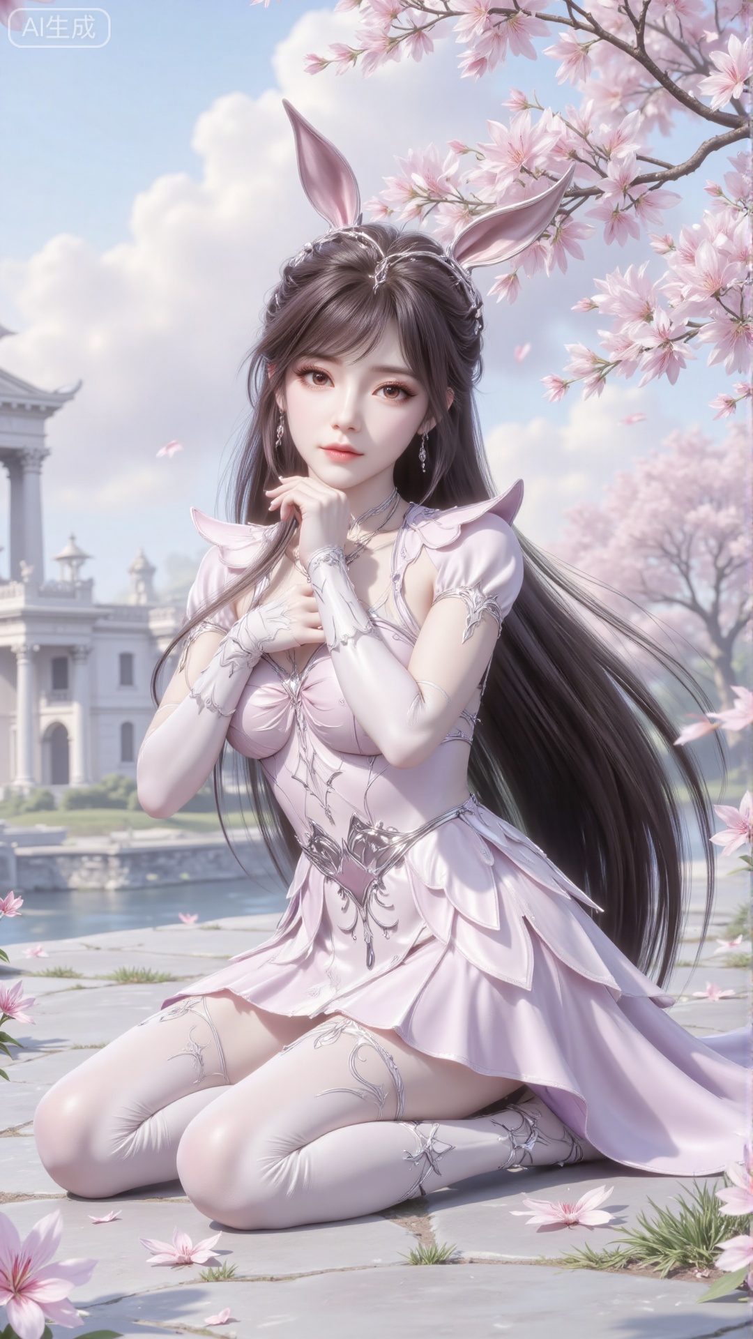 This painting depicts a cartoon character kneeling on the ground. The character wears an elegant and elegant dress with pink tones. Her dress is equipped with high heels and white stockings that match the color of the dress.

The background is quiet and soft sky and soft clouds. You can see a magnificent classical building with columns and arches. The character is surrounded by blooming cherry trees, and pink and white flowers add a touch of natural beauty to the scene. The overall atmosphere is peaceful and ethereal, and the characters appear regal and graceful. Sitting cross-legged, girls occupy the whole picture. Occupy the whole picture, long legs in white stockings are close to the camera. Black hair, the whole picture is dynamic, and the building is hidden behind the branches of cherry blossoms.