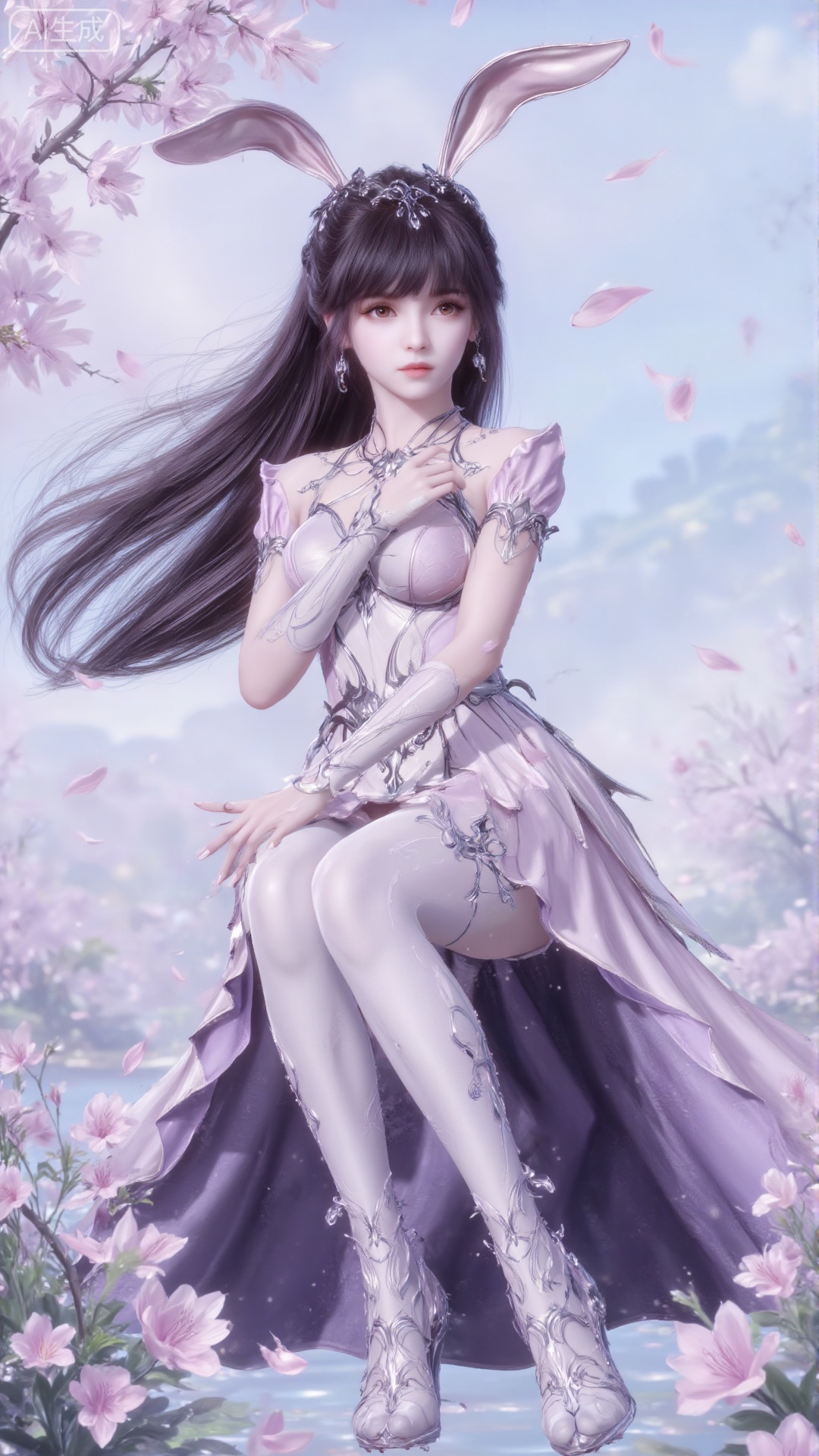 1 girl,In the flowers,rabbit ears,earrings,eyelashes,a charming face,glowing lips,clavicle,shoulder exposure,floating petals,dreamy and beautiful,bikini,medium breasts,cleavge,(upper_body:1.6),(masterpiece, top quality, best quality, official art, beautiful and aesthetic:1.2),xwhd,1 girl, solo, long hair, brown hair, black hair, hair accessories, high socks, dress, animal ears, very long hair, pink dress, rabbit ears, high heels, 1 girl, solo, long hair, brown hair, hair accessories, high hair, dress, animal ears, very long hair, rabbit ears, collar, pink dress, metal collar.