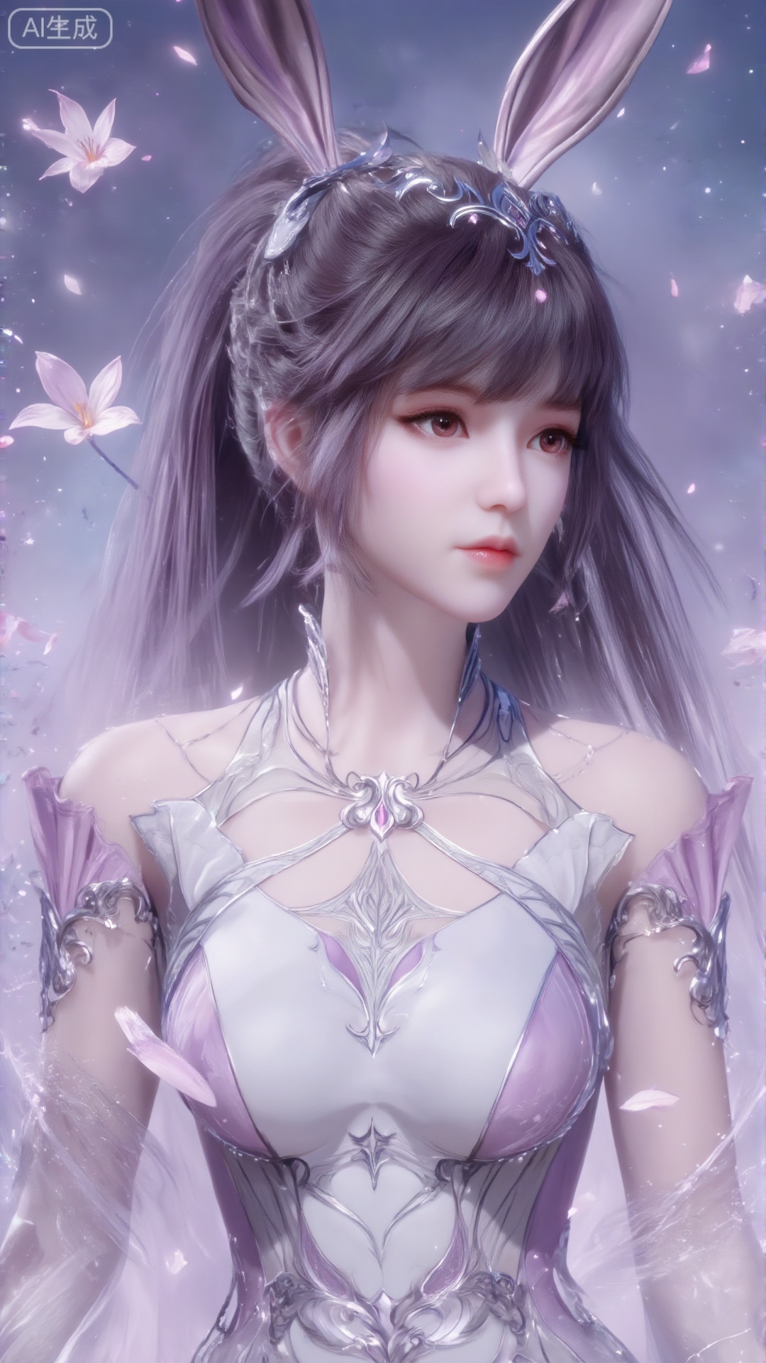 1 girl,In the flowers,rabbit ears,earrings,eyelashes,a charming face,glowing lips,clavicle,shoulder exposure,floating petals,dreamy and beautiful,bikini,medium breasts,cleavge,(upper_body:1.6),(masterpiece, top quality, best quality, official art, beautiful and aesthetic:1.2),xwhd