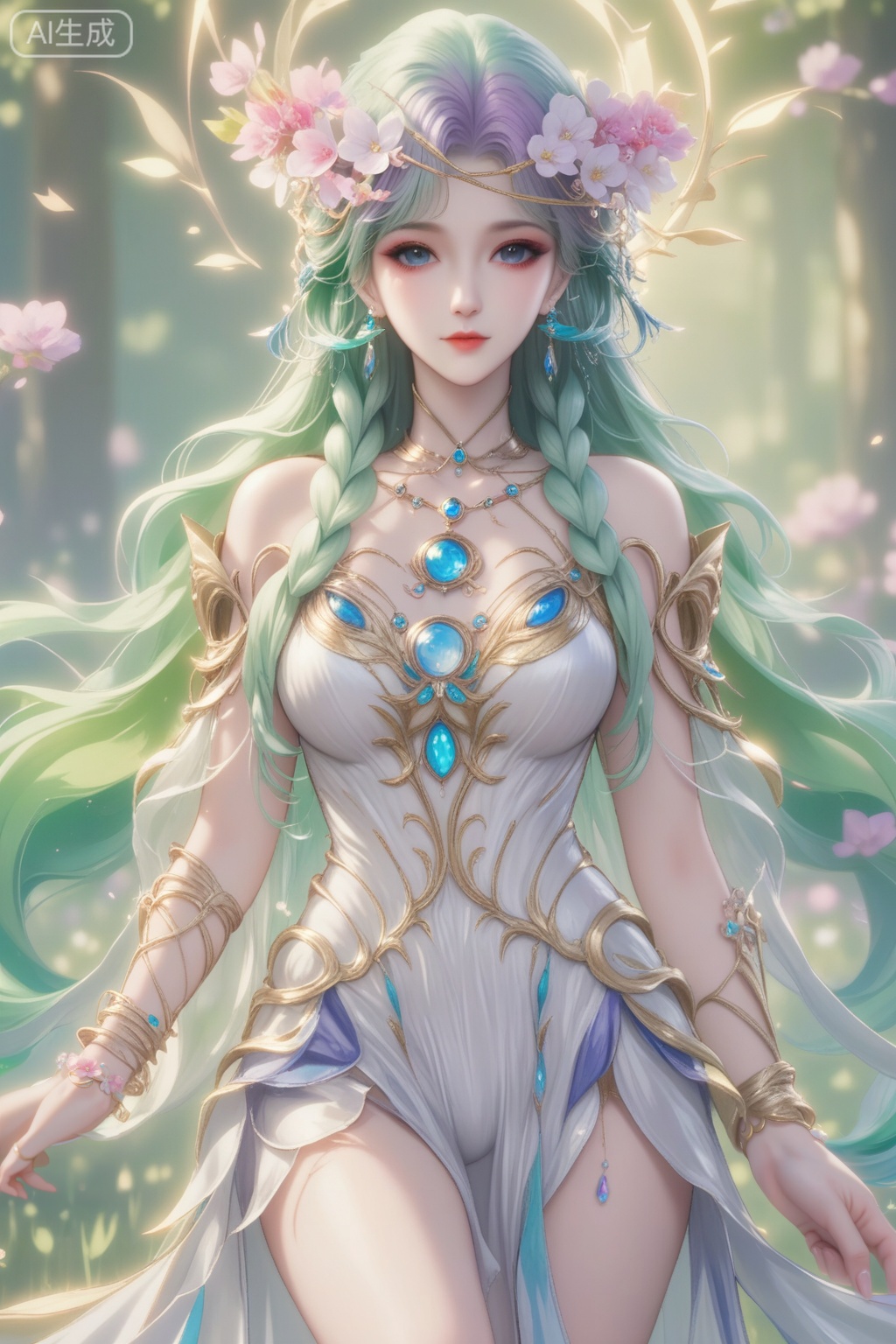 貂蝉,score_9,score_8_up,1girl, solo, long hair, breasts, looking at viewer, blue eyes, hair ornament, dress, jewelry, braid, flower, multicolored hair, earrings, green hair, hair flower, white dress, bracelet, gradient hair,