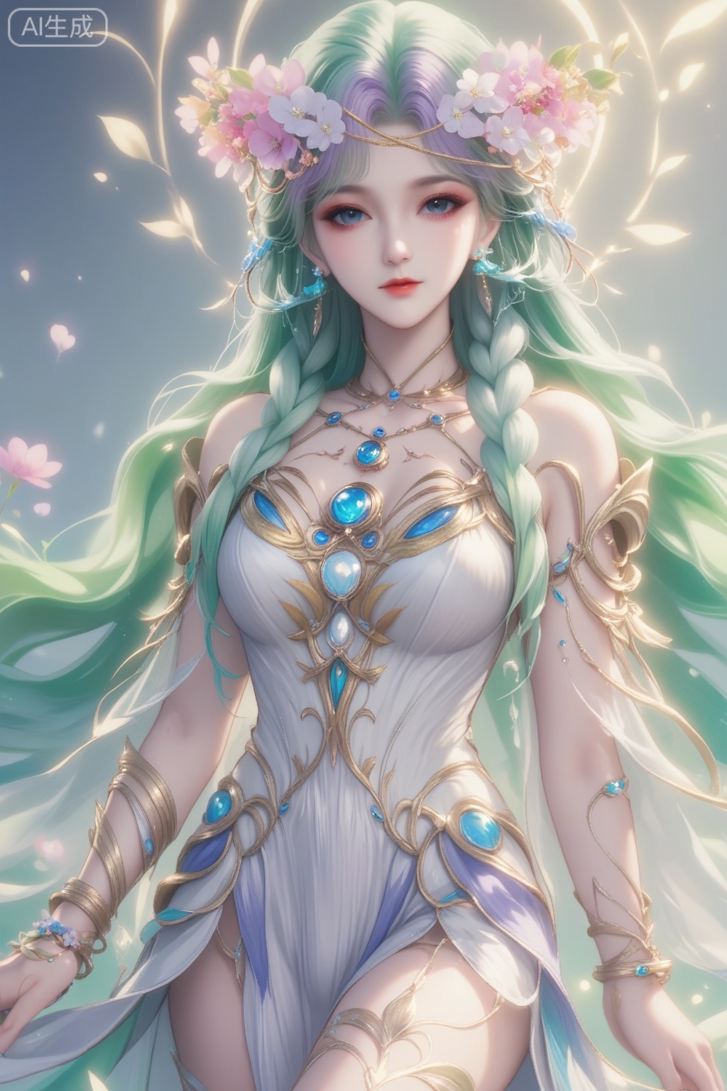 貂蝉,score_9,score_8_up,1girl, solo, long hair, breasts, looking at viewer, blue eyes, hair ornament, dress, jewelry, braid, flower, multicolored hair, earrings, green hair, hair flower, white dress, bracelet, gradient hair,