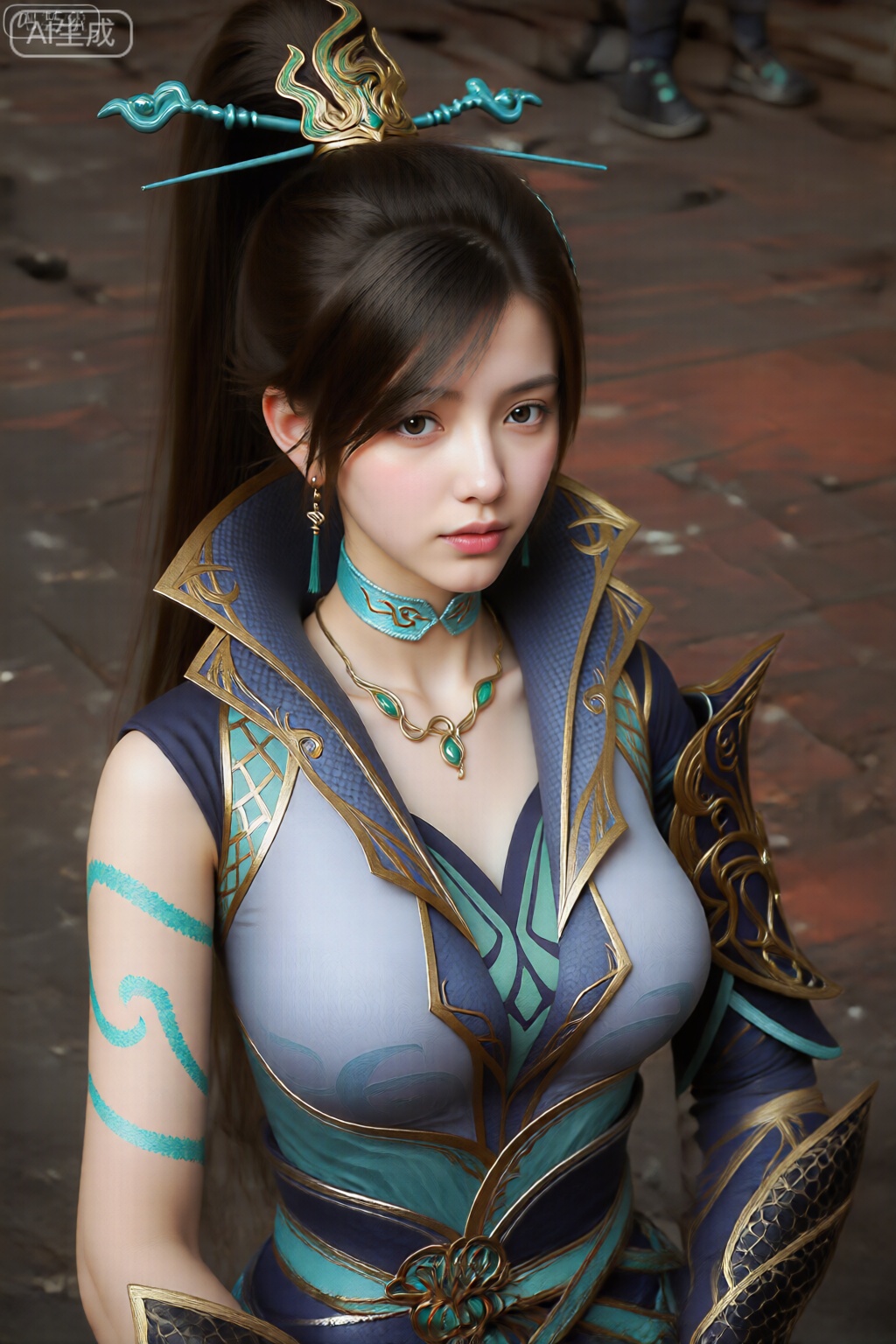 该图像描绘了一个穿着精致的、幻想风格的角色扮演服装的人。该服装采用合身无袖连体衣,带有高领结构,主要采用蓝色和白色色调,并饰有复杂的金色细节和绿松石图案。这个人有一头长长的黑发,戴着装饰性头饰,头饰上有一顶镶有绿松石的金色王冠,还有火焰状的延伸部分。 配饰包括一条绿松石项链和一条垂坠耳环,以及一条镶有绿色宝石的长项链。右臂有漩涡绿松石纹身图案,肩部和手臂铠甲为深蓝色,带有金色镶边和鳞片状图案。背景是一块砖铺的地面,上面散落着一些物体,背景中可以看到另一个人的脚,穿着带有绿松石图案的黑色靴子。