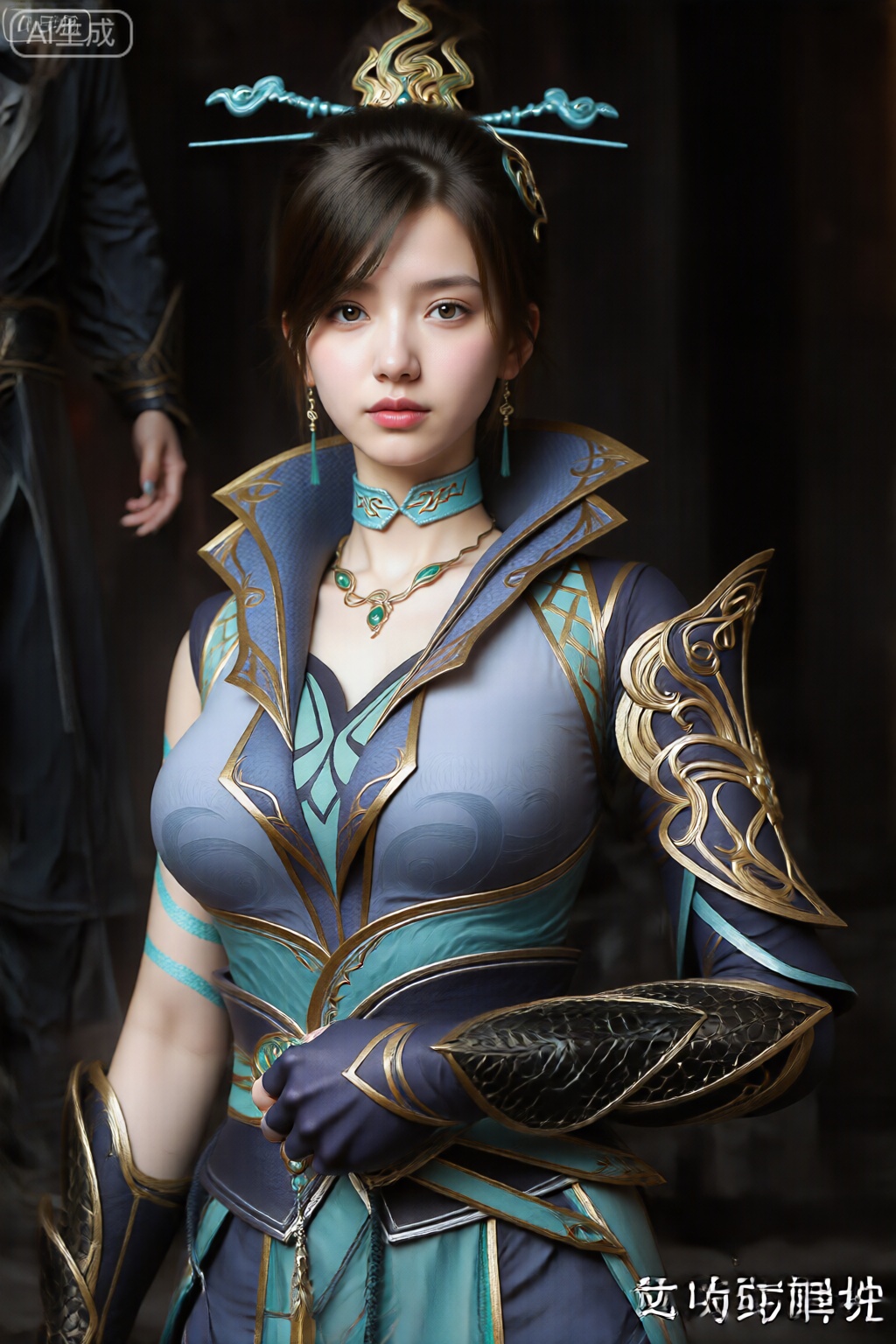 该图像描绘了一个穿着设计复杂的服装的人,具有幻想或中国历史美学。服装以蓝色和青色为主,饰有金色镶边和精致的图案。该服装包括结构性高领、带有金色几何图案的合身紧身胸衣以及类似龙鳞或神话图案的肩甲。该人戴着带有蓝色和金色元素的装饰头饰、悬挂的耳环和镶有绿色宝石的项链。背景是黑暗的,强调服装的细节,这些细节通过聚焦灯光突出显示。