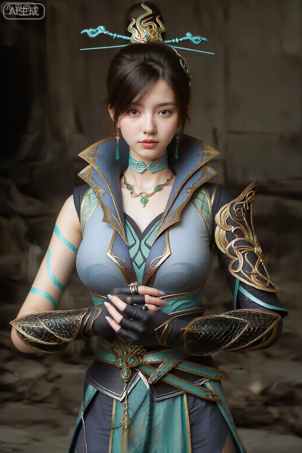 该图像描绘了一个穿着精致服装的人。服装主要是浅蓝色,带有金色和黑色的点缀。此人穿着一件高领、深V 领口的合身上衣。肩膀和上臂覆盖着华丽的盔甲,上面有鳞片状图案和复杂的金色图案。该人的双手戴着带有金色镶边的黑色手套。 该服装包括一条镶有绿色宝石的颈链,以及一条具有类似设计的较长项链。该人的头发盘成高髻,戴着与盔甲设计相匹配的装饰头饰,以绿松石和金色元素为特色。 背景似乎是一个室内环境,带有一些乡村或工业的感觉,以木结构和地面碎片为特色。灯光柔和,凸显服装的细节。