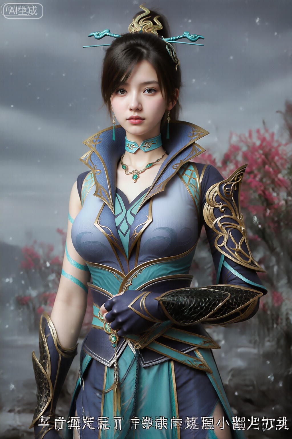 该图像中的一个人穿着精致的奇幻服装,很可能代表电子游戏或角色扮演中的角色。服装主要以蓝色和青色为主,带有复杂的金色镶边和图案。这套服装包括一件高领装甲夹克,线条锐利、棱角分明,设计精美,还有一条镶有绿色宝石的颈链。人物的头发造型与服装相得益彰,装饰性假发也与配色方案相匹配。背景是数字或人工智能生成的场景,有阴天、雪花和盛开的粉红色树木,营造出寒冷、空灵的氛围。 