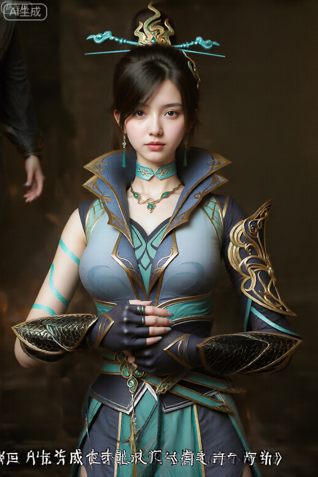 图像中一位年轻女子穿着精致的奇幻服装。她的服装混合了青色和深蓝色,并带有金色点缀,给人一种高贵而神秘的感觉。该服装包括一件带有复杂图案和设计的高领无袖上衣,并延伸至腰部略微向外展开的合身紧身胸衣。 她戴着精致华丽的头饰,饰有绿松石和金色元素,其中包括一个类似于火焰或风格化昆虫的中央装饰件。她的头发又长又黑,有些头发向后梳,以展示头饰。 她的手臂上装饰着精致的、装甲般的袖子,上面有金色和黑色的图案,她还戴着无指手套。她的脖子上戴着一条镶有绿色宝石的项链,与她服装的配色方案相匹配。 背景光线昏暗,温暖的灯光凸显了她的身材,还有一些模糊的形状暗示着室内环境,可能是房间或舞台。 