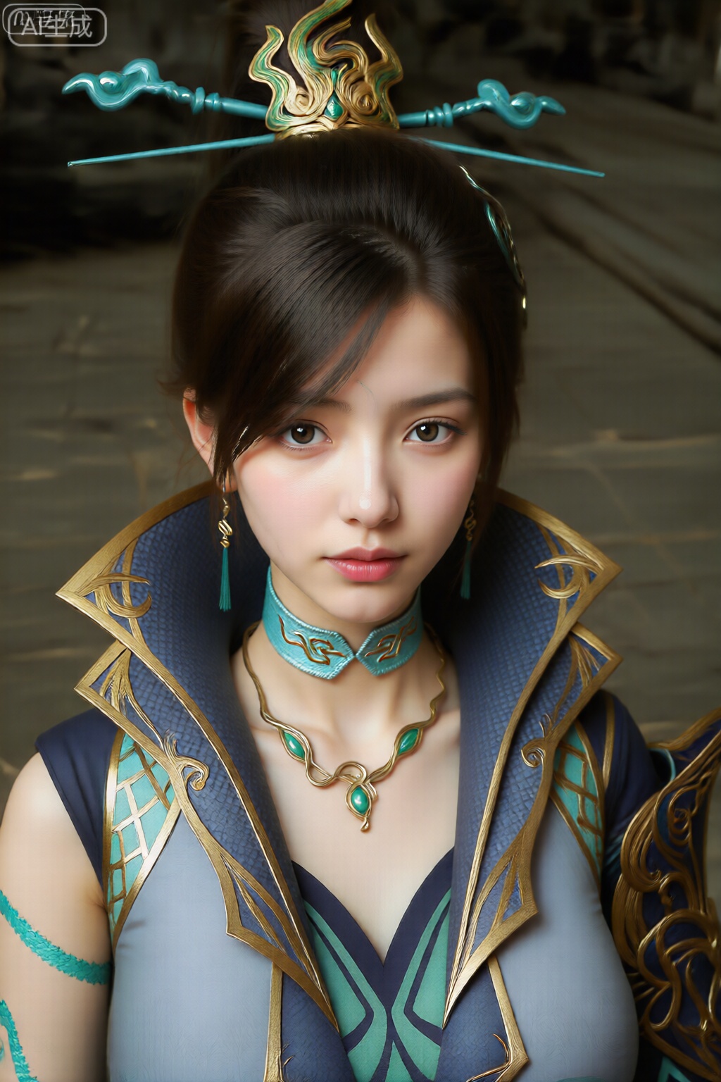 图像中的人物穿着精致的服装,具有强烈的幻想或历史美感。此人有一头整齐的黑色头发,向后梳,戴着华丽的头饰,头饰上有金色和绿松石元素,装饰性的延伸部分类似于翅膀或羽毛。 此人的服装是设计引人注目的高领服装。衣领为浅蓝色,带有复杂的金色图案,服装主体为深蓝色,饰有类似的金色细节和绿松石镶片。肩部饰有尖头翼状肩章,具有相同的配色方案和复杂的设计。 配饰包括一条镶有金链和绿松石宝石的项链,以及配套的耳环。背景似乎是室内环境,铺着瓷砖地板和一些模糊的物体,暗示着一个舞台或一个旨在补充角色外观的布景。