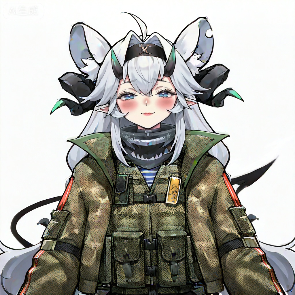 masterpiece, best quality,solo,((white background:1.2)),simple background,, 
looking at viewer,
shuangweihuixing,rat ears,horns,blue eyes,animal ears,ahoge,white hair,animal ear fluff,demon tail,demon horns,long hair,dajiaoshu_style,closed mouth,2 tails,gloves,jacket,pantyhose,hairband,boots,shorts,black gloves,virtual youtuber,black pantyhose,thigh strap,black shorts,pouch,knee pads,camouflage,camouflage jacket