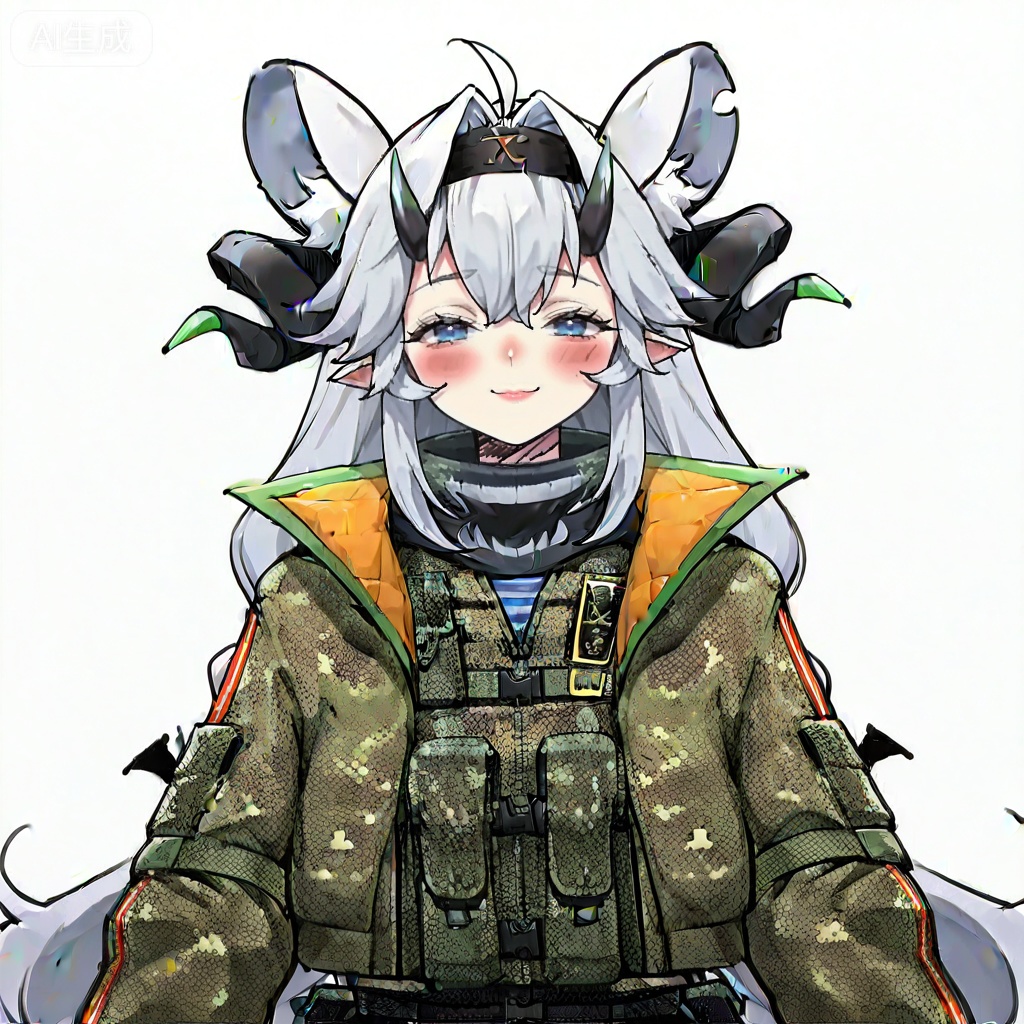 masterpiece, best quality,solo,((white background:1.2)),simple background,, 
looking at viewer,
shuangweihuixing,rat ears,horns,blue eyes,animal ears,ahoge,white hair,animal ear fluff,demon tail,demon horns,long hair,dajiaoshu_style,closed mouth,2 tails,gloves,jacket,pantyhose,hairband,boots,shorts,black gloves,virtual youtuber,black pantyhose,thigh strap,black shorts,pouch,knee pads,camouflage,camouflage jacket