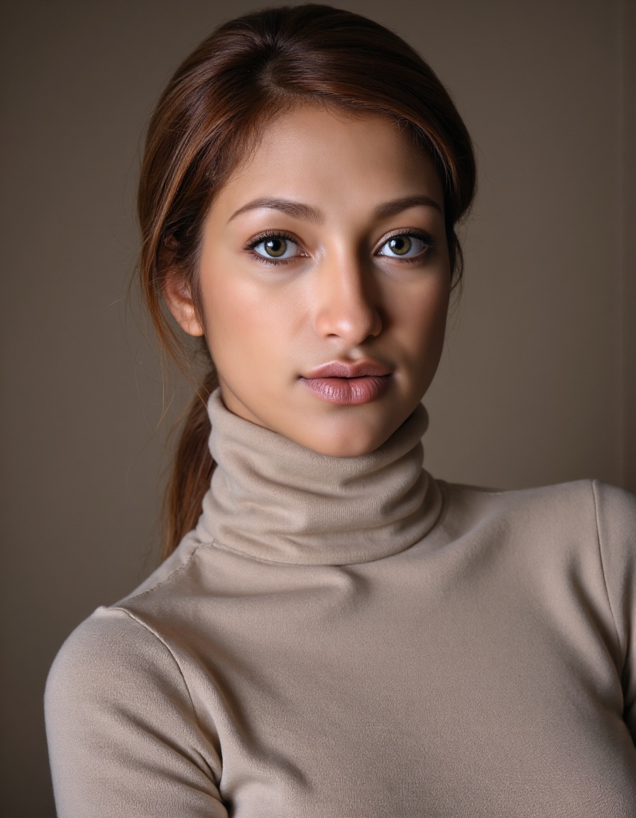 A close-up editorial fashion portrait of Rachm4,  a young female model,  tightly framed to include only her face on Tensor...