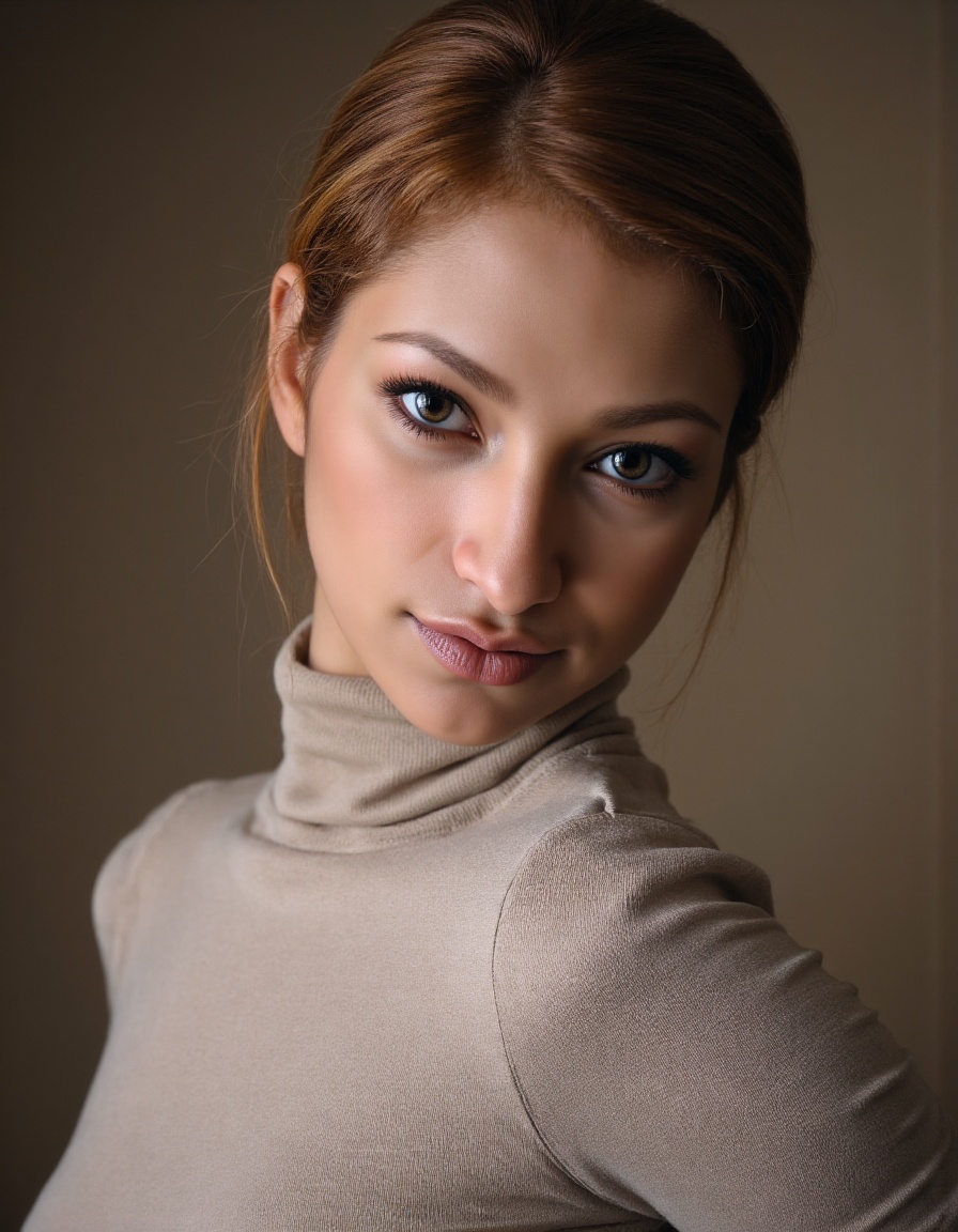 A close-up editorial fashion portrait of Rachm4,  a young female model,  tightly framed to include only her face on Tensor...