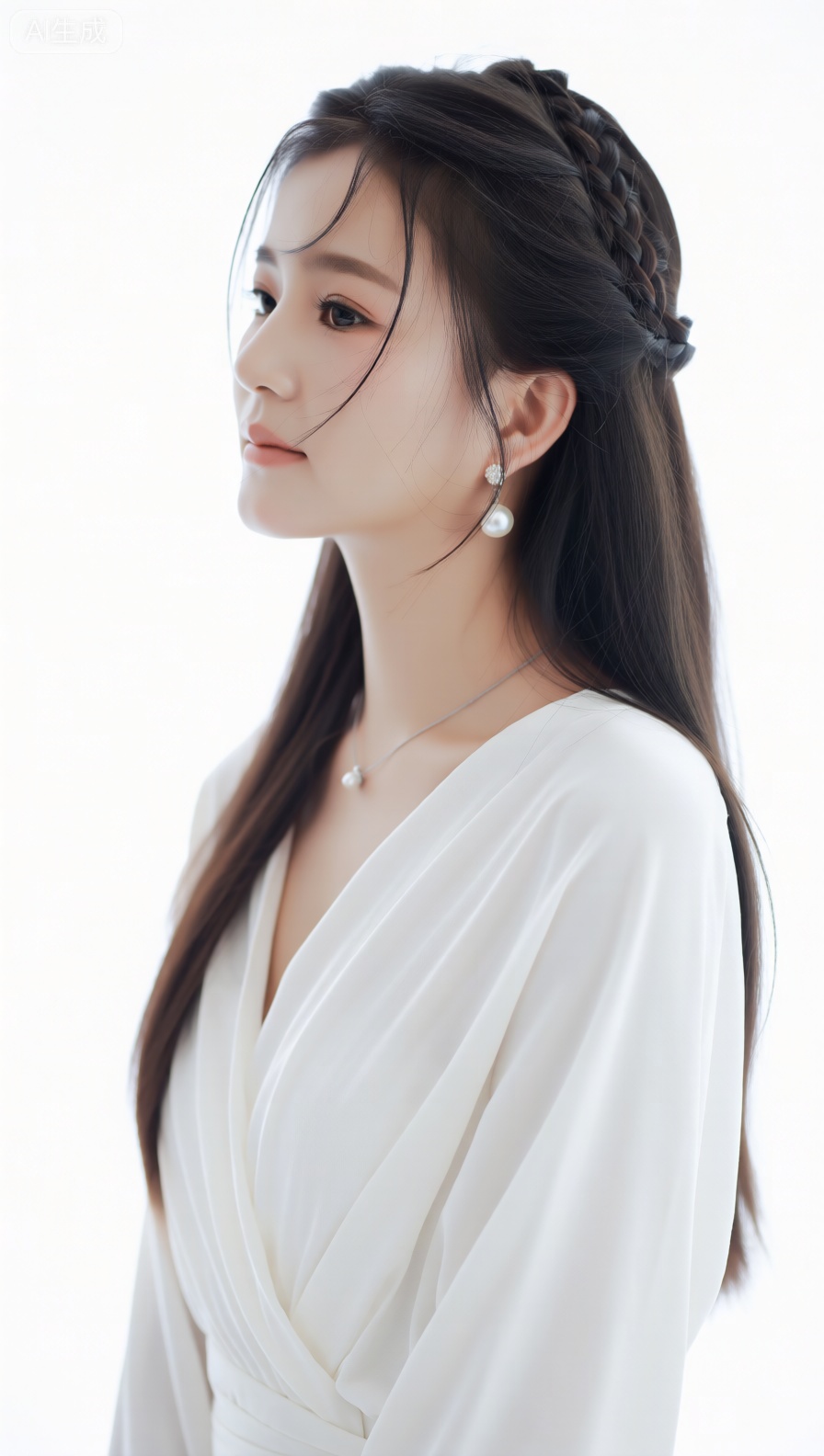 A serene woman with long, dark hair styled in elegant braids and loose strands, wearing delicate pearl earrings and a simple silver necklace with a small pendant. She is clad in a soft, flowing white garment with a subtle sheen, exuding a sense of calm and grace. The setting is a minimalist, brightly lit space with pure white tones, creating a clean and ethereal atmosphere. Captured in a fine - art portrait style, with a close - up shot focusing on the delicate details of her hair, jewelry, and the texture of her white clothing, shallow depth of field to gently blur the background and emphasize the subject, soft and even lighting that highlights her features without harsh shadows, muted and clean color grading dominated by whites and soft neutrals, and a composition that conveys timeless simplicity and tranquility. Shot with a 85mm lens at f/2.8, 1/200s, ISO 100, ensuring high - resolution, photorealistic quality with sharp details on the hair strands, pearl earrings, and fabric texture.