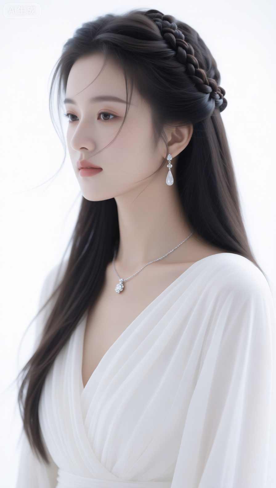 An elegant figure with long, dark tresses styled in intricate braids and gentle, wispy strands, adorned with delicate pearl drop earrings and a dainty silver necklace featuring a tiny charm. She wears a luminous, flowing white outfit that drapes softly, radiating an air of peaceful refinement. The environment is a stark, luminous white space, emphasizing minimalism and purity, with soft, diffused lighting that creates a dreamy and serene mood. This image is crafted in a hyper - realistic fine - art portrait style, utilizing a close - up shot to showcase the lush texture of her hair, the delicate craftsmanship of her jewelry, and the smooth fabric of her attire, deep depth of field to retain clarity in both the subject and the subtly blurred white background, harmonious color grading that highlights the soft whites and the gentle tones of her jewelry, and a composition that radiates classical elegance and quiet beauty. Photographed with a 100mm lens at f/2.2, 1/250s, ISO 200, delivering gallery - quality imagery with breathtaking detail, smooth textures, and a luminous, tranquil ambiance.