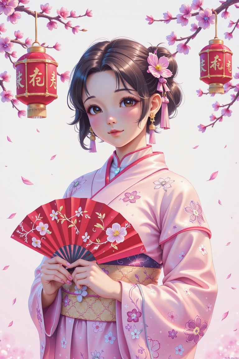 The image depicts a beautifully dressed woman in a traditional Japanese kimono,  adorned with intricate floral patterns. S...