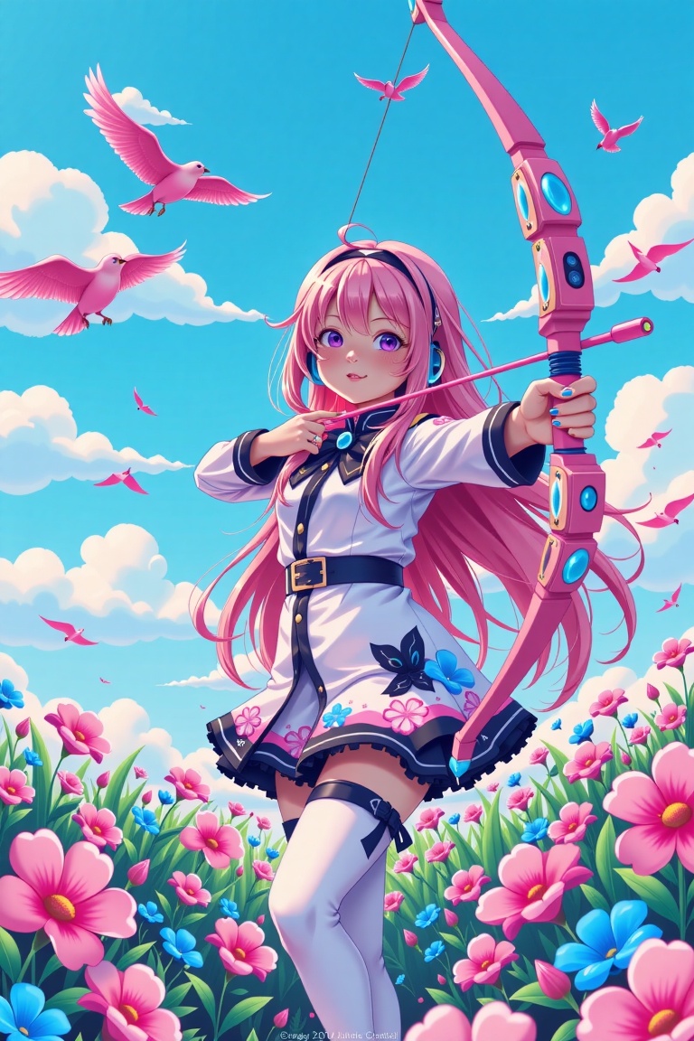 The image depicts a vibrant and whimsical scene with a young girl in the foreground. She has long,  flowing pink hair and...