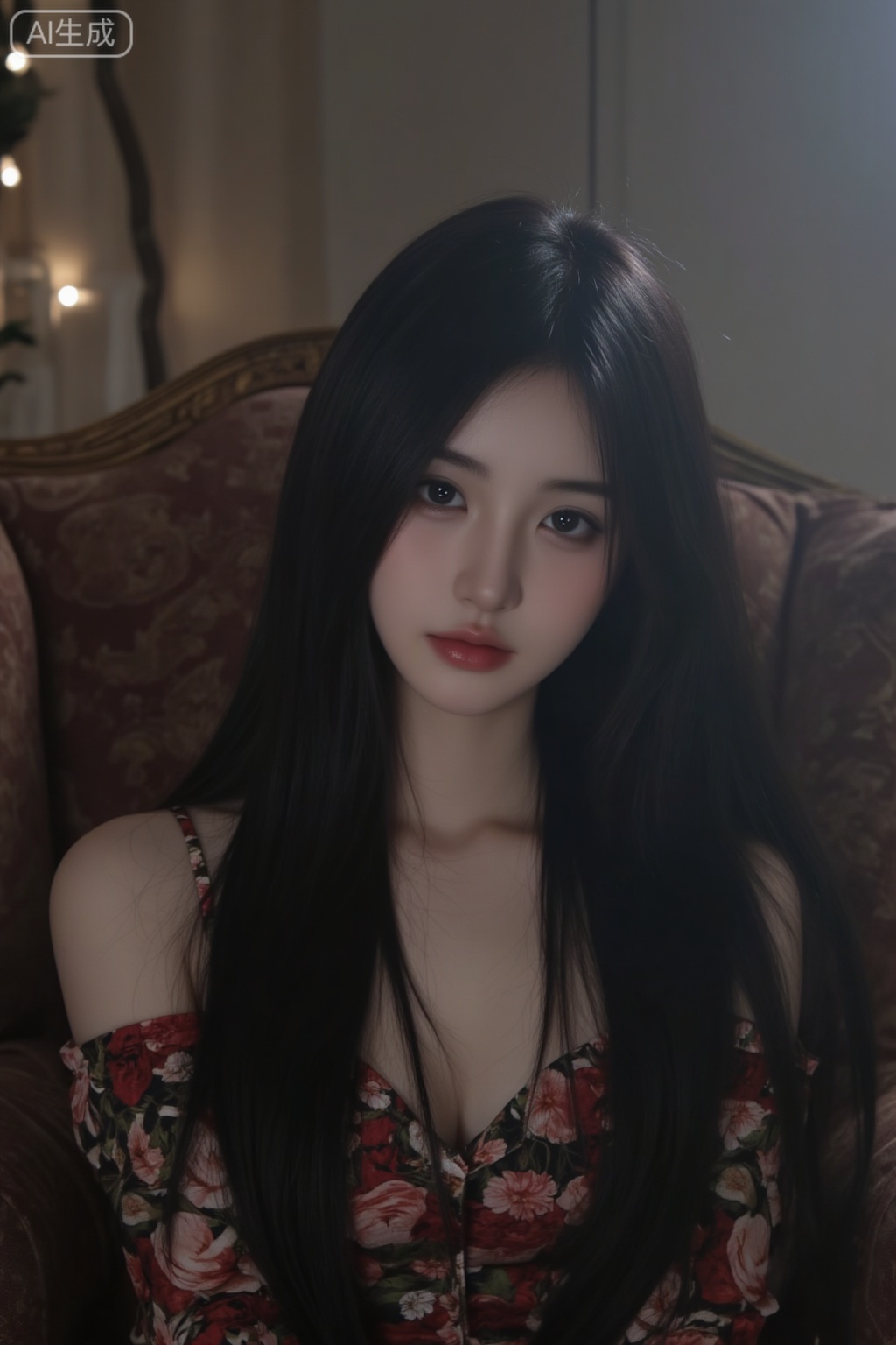 In this stunning 8K wallpaper, a captivating young woman sits elegantly on a plush armchair in her cozy home. Soft lighting and shadow dance across her features, highlighting the finely detailed skin texture and subtle skin pores. The misty atmosphere creates a mystical aura, as the low-key lighting enhances the depth of field. Her dark hair cascades down her back like a waterfall, complemented by the vibrant floral top. With a solo focus on her enigmatic face, every feature is meticulously illustrated in perfect detail, inviting the viewer to gaze deeper into her captivating expression.