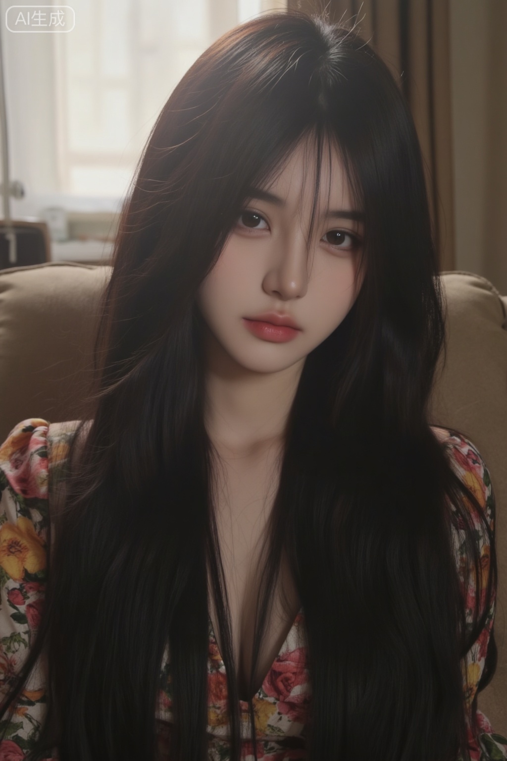 In this stunning 8K wallpaper, a captivating young woman sits elegantly on a plush armchair in her cozy home. Soft lighting and shadow dance across her features, highlighting the finely detailed skin texture and subtle skin pores. The misty atmosphere creates a mystical aura, as the low-key lighting enhances the depth of field. Her dark hair cascades down her back like a waterfall, complemented by the vibrant floral top. With a solo focus on her enigmatic face, every feature is meticulously illustrated in perfect detail, inviting the viewer to gaze deeper into her captivating expression.