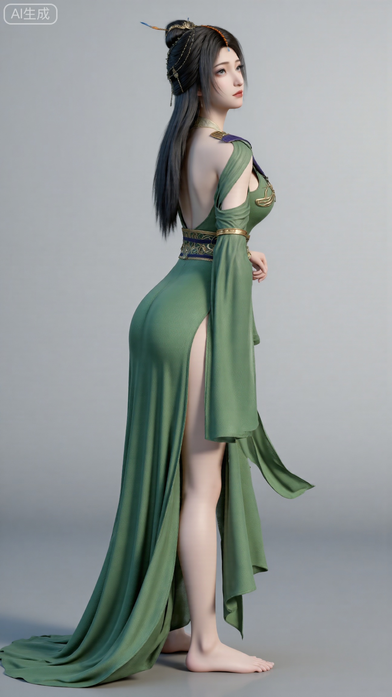 Asian woman standing side rear view, long black hair with hairpin, sensual makeup, green high-slit backless long dress, trailing skirt with long legs, light gray wall gradient background, , natural indoor light, medium shot composition, realistic digital poster style, clear fonts and fabric textures, fashion art, ISO 200, f/4, shutter 1/125, high detail, avoid AI perfection, (huge breasts:2.99),(full breasts:2.99),Xbigbreasts,XbaifengsongyuYH,XliuyuYH2,XanmyXM