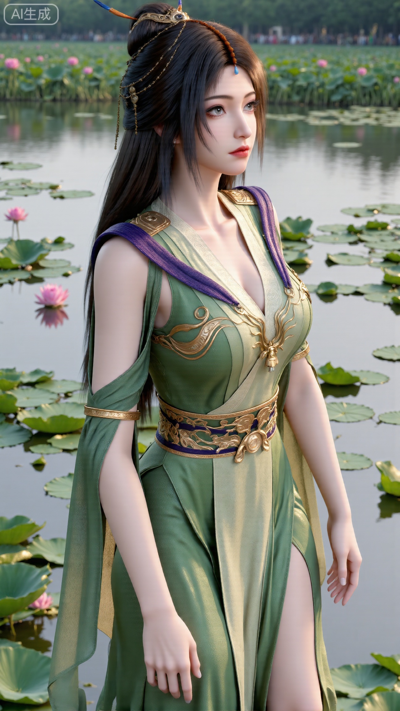 (masterpiece, best quality:1.2),1girl, navel, solo, midriff, bare shoulders, hair ornament,(long hair),(High double ponytail:1.49), red lips, BREAK, (looking at viewer:1.39), chinese clothes,(Holographic Color long dress:1.36), (lace,Rainbow Gradient Color:1.28), BREAK,blurry, solo focus, long hair, lips, daytime, lipstick, outdoors, standing,upper body,(huge breasts:2.89), background, solo, makeup,(Stockings, high heels:1.29),(huge breasts:2.99),(full breasts:2.99),,(Background with lotus pond and pink lotus flowers:1.39),(huge breasts:2.99),(full breasts:2.99),Xbigbreasts,XbaifengsongyuYH,XliuyuYH2,XanmyXM