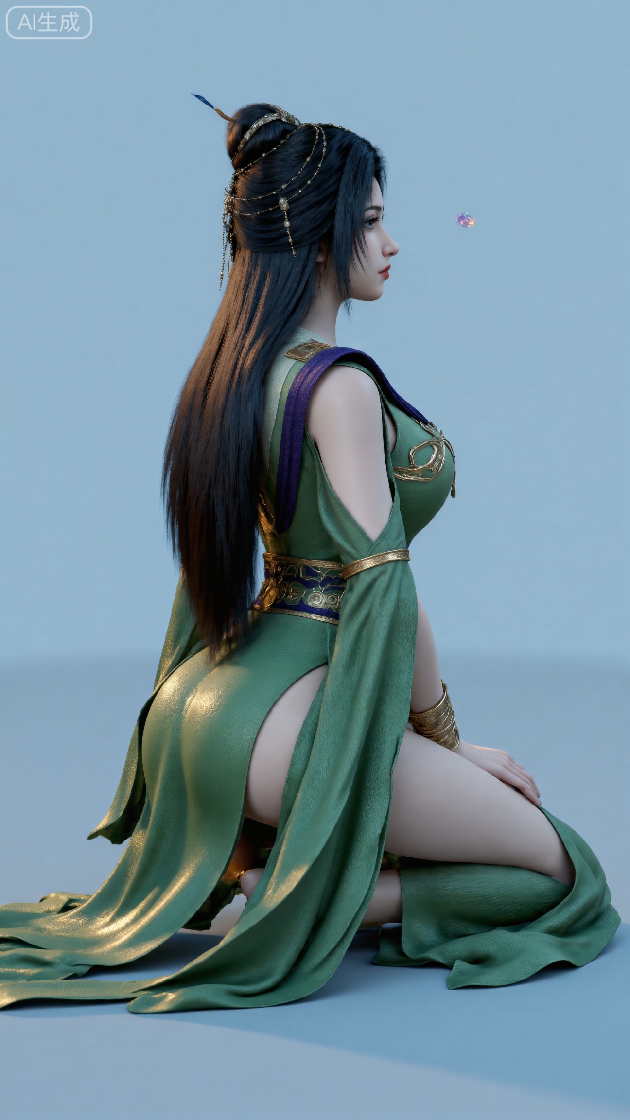 Young Asian woman side rear view, long flowing black hair with white flowers, delicate makeup, green Hanfu low-back design, kneeling pose with layered trailing skirts, green waist ornaments, glowing crystal floating on right, light blue void gradient background, backlight softly highlighting curves and hair, medium shot composition, 3D digital art, silk sheen textures, dreamy fantasy style, ISO 100, f/2.8, shutter 1/60, high detail, natural imperfect shadows,,(huge breasts:2.99),(full breasts:2.99),Xbigbreasts,XbaifengsongyuYH,XliuyuYH2,XanmyXM