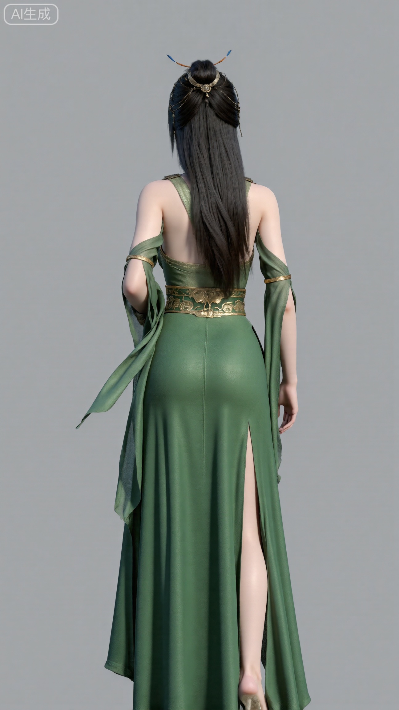 Asian woman standing side rear view, long black hair with hairpin, sensual makeup, green high-slit backless long dress, trailing skirt with long legs, light gray wall gradient background, , natural indoor light, medium shot composition, realistic digital poster style, clear fonts and fabric textures, fashion art, ISO 200, f/4, shutter 1/125, high detail, avoid AI perfection, (huge breasts:2.99),(full breasts:2.99),Xbigbreasts,XbaifengsongyuYH,XliuyuYH2,XanmyXM