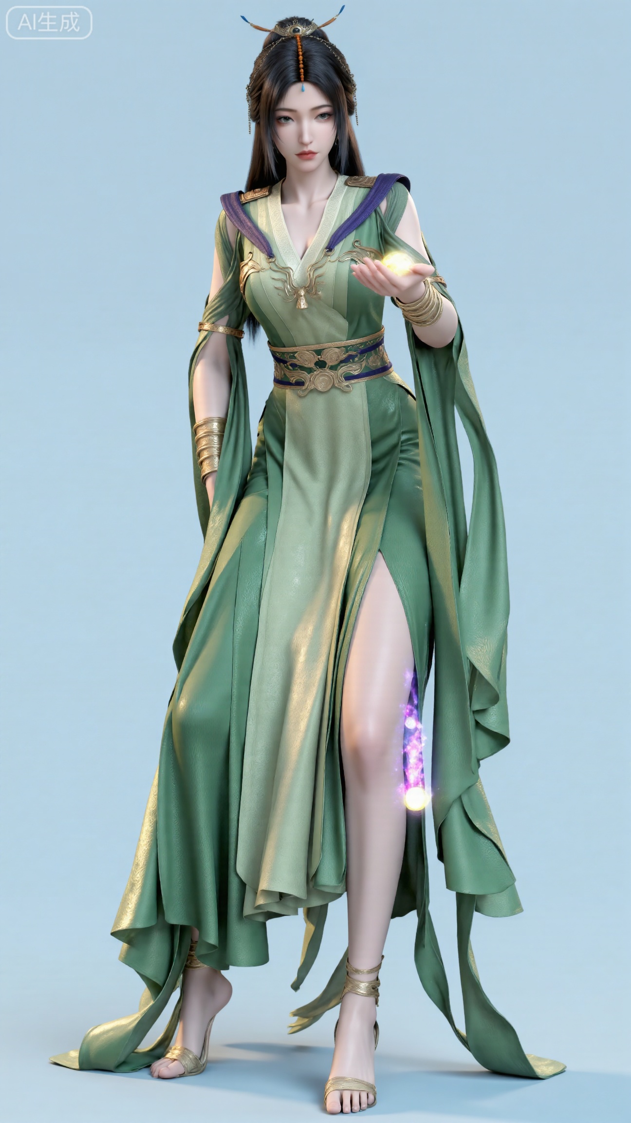 Young Asian girl kneeling extending right hand forward, long straight black hair with white flower decor, dewy makeup with sideways gaze, green sleeveless Hanfu with layered spreading skirts, revealing legs in high heels, glowing energy orb in front of right hand, light blue gradient void background, front soft light highlighting gesture and face, medium dynamic composition, 3D fantasy rendering, intricate finger textures and chiffon skirts, ethereal art style, ISO 100, f/2.8, shutter 1/60, high detail, natural imperfect shadows,, (huge breasts:2.99),(full breasts:2.99),Xbigbreasts,XbaifengsongyuYH,XliuyuYH2,XanmyXM