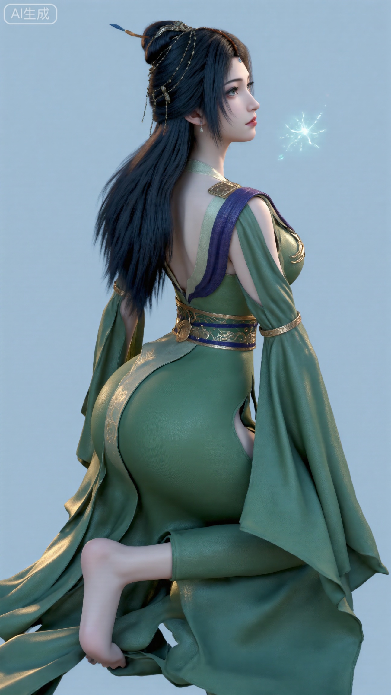 Young Asian woman side rear view, long flowing black hair with white flowers, delicate makeup, green Hanfu low-back design, kneeling pose with layered trailing skirts, green waist ornaments, glowing crystal floating on right, light blue void gradient background, backlight softly highlighting curves and hair, medium shot composition, 3D digital art, silk sheen textures, dreamy fantasy style, ISO 100, f/2.8, shutter 1/60, high detail, natural imperfect shadows,,(huge breasts:2.99),(full breasts:2.99),Xbigbreasts,XbaifengsongyuYH,XliuyuYH2,XanmyXM