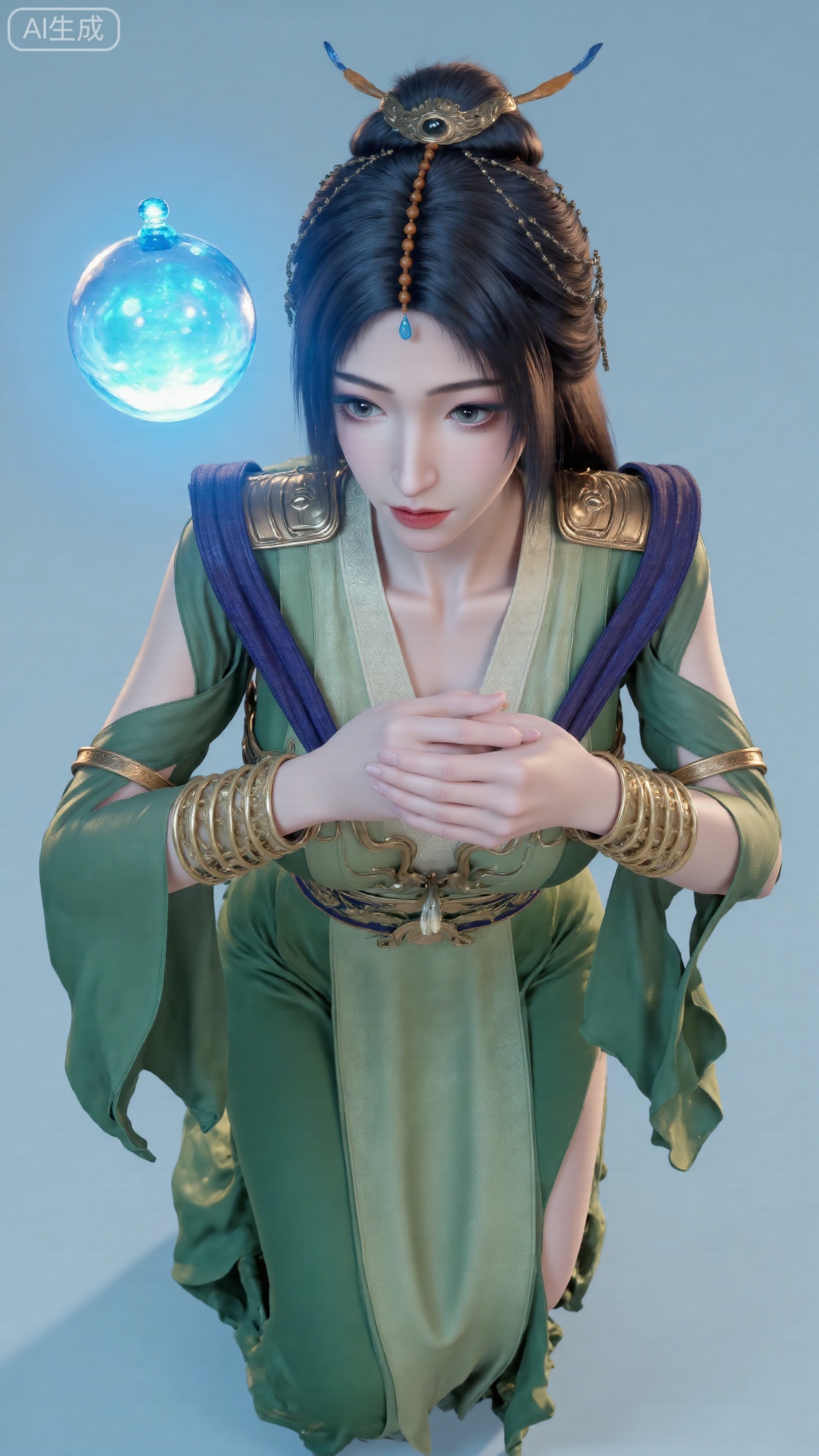 A young Asian beauty with long straight black hair adorned with white flower hairpins and accessories, delicate dewy makeup, gentle and focused gaze, wearing a green sleeveless Hanfu long dress with layered chiffon skirts, green jade pendant at waist, kneeling pose with hands clasped at chest, glowing blue crystal orb floating on the left, light blue gradient void background, soft side lighting highlighting skin and accessories, medium shot composition, dreamy 3D rendering style, intricate silk textures, ethereal fantasy art, ISO 100, f/2.8, shutter 1/60, high detail, natural shadows, avoid over-perfection,,(huge breasts:2.99),(full breasts:2.99),Xbigbreasts,XbaifengsongyuYH,XliuyuYH2,XanmyXM