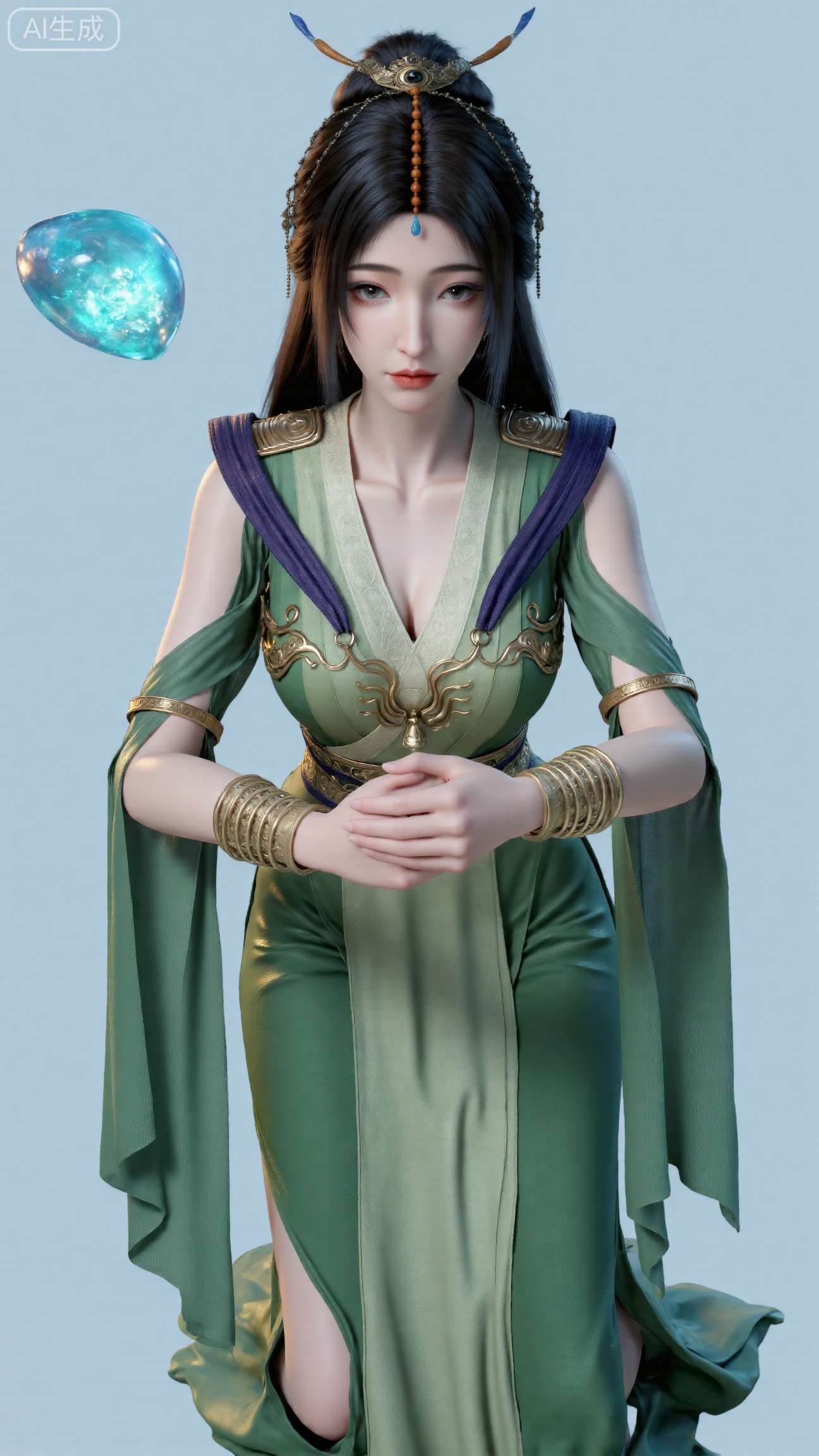 A young Asian beauty with long straight black hair adorned with white flower hairpins and accessories, delicate dewy makeup, gentle and focused gaze, wearing a green sleeveless Hanfu long dress with layered chiffon skirts, green jade pendant at waist, kneeling pose with hands clasped at chest, glowing blue crystal orb floating on the left, light blue gradient void background, soft side lighting highlighting skin and accessories, medium shot composition, dreamy 3D rendering style, intricate silk textures, ethereal fantasy art, ISO 100, f/2.8, shutter 1/60, high detail, natural shadows, avoid over-perfection,,(huge breasts:2.99),(full breasts:2.99),Xbigbreasts,XbaifengsongyuYH,XliuyuYH2,XanmyXM