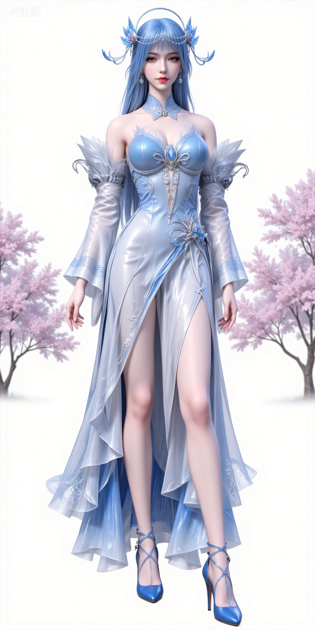 1girl, solo, dress, full body, detached sleeves, long hair, high heels, white background, blue hair, blue footwear, earrings, jewelry, standing, hair ornament, looking at viewer, simple background, bare shoulders, blue dress, breasts, white dress,
lvjing,pifu,guanghuapifu,
blurry_background,tree,flowes,jianma,lanxian