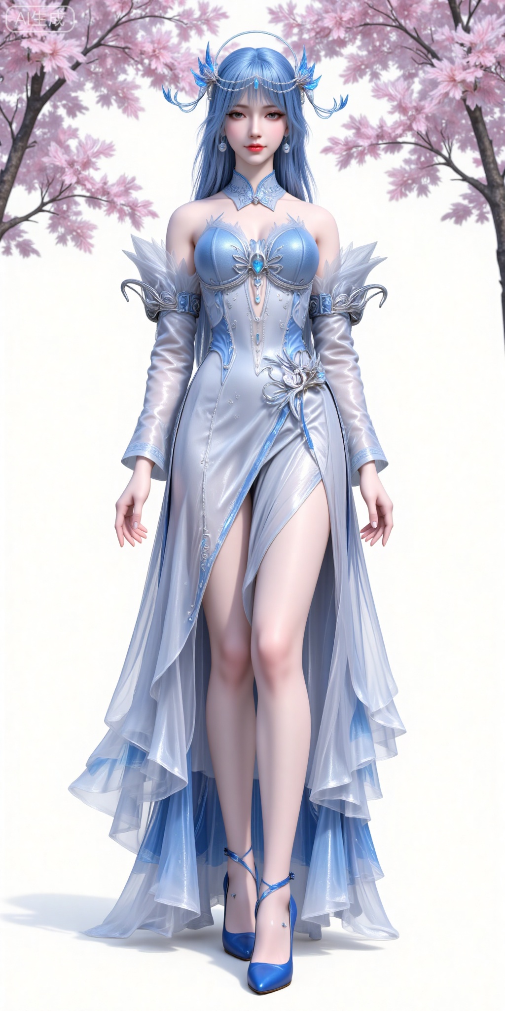 1girl, solo, dress, full body, detached sleeves, long hair, high heels, white background, blue hair, blue footwear, earrings, jewelry, standing, hair ornament, looking at viewer, simple background, bare shoulders, blue dress, breasts, white dress,
lvjing,pifu,guanghuapifu,
blurry_background,tree,flowes,jianma,lanxian