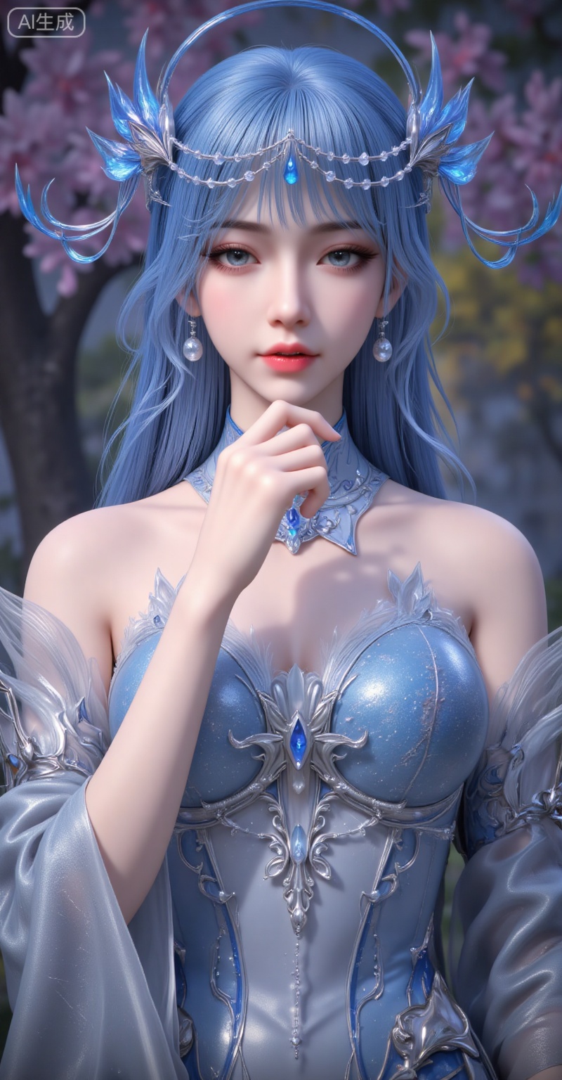1girl, solo, upper body, long hair, blue hair, hair ornament, blue eyes, dress, detached sleeves, blue dress, bare shoulders, jewelry, blurry background, blurry, parted lips, realistic, earrings, teeth, hand on own chin,
lvjing,pifu,guanghuapifu,
blurry_background,tree,flowes,jianma,lanxian