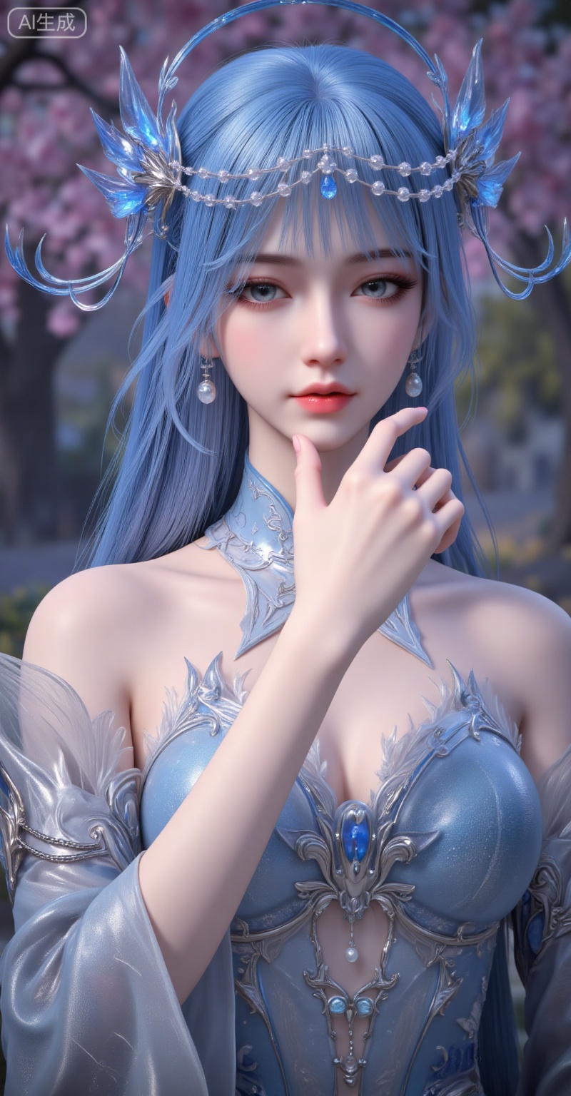 1girl, solo, upper body, long hair, blue hair, hair ornament, blue eyes, dress, detached sleeves, blue dress, bare shoulders, jewelry, blurry background, blurry, parted lips, realistic, earrings, teeth, hand on own chin,
lvjing,pifu,guanghuapifu,
blurry_background,tree,flowes,jianma,lanxian