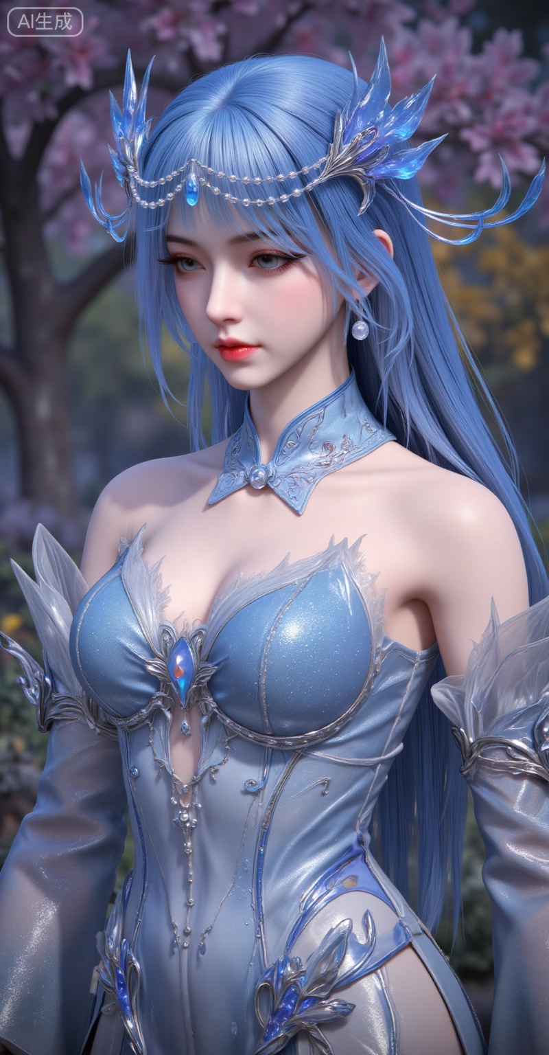 1girl, solo, upper body, long hair, blue hair, hair ornament, blue eyes, dress, detached sleeves, blue dress, bare shoulders, jewelry, blurry background, blurry, parted lips, realistic, earrings, 
lvjing,pifu,guanghuapifu,
blurry_background,tree,flowes,jianma,lanxian