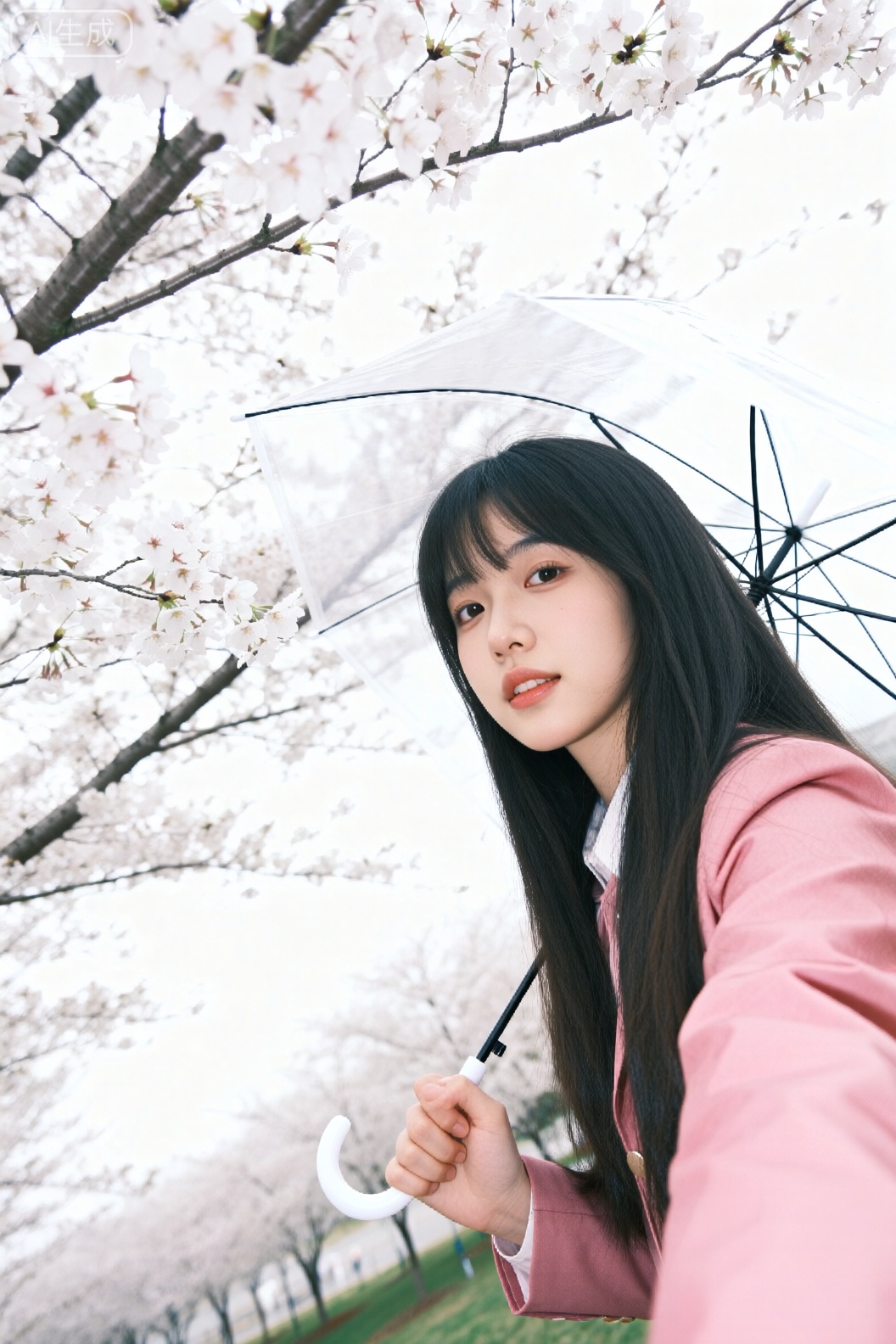 真实照片风格,明快美学,一位黑色长发女生身穿粉色外套,在白色樱花树下撑着透明伞自拍,背景明亮、白天,斜向构图,一只樱花树作为前景,女孩看向镜头,氛围清新自然,真实光线还原,无滤镜无美颜。