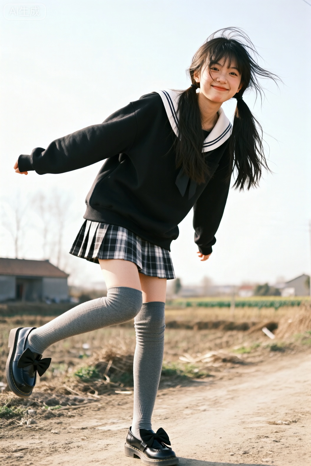 一位18岁双马尾女学生,穿黑白水手领卫衣、格纹短裙、灰色过膝袜、黑色带蝴蝶结皮鞋,在农村户外做俏皮可爱且慵懒的动作摆pose,背景为农村户外环境,柔和光影勾勒人物轮廓,呈现可爱表情,鬓角发丝凌乱自然垂落,采用随机动态视角,日常快照风格搭配自然柔和光线。

