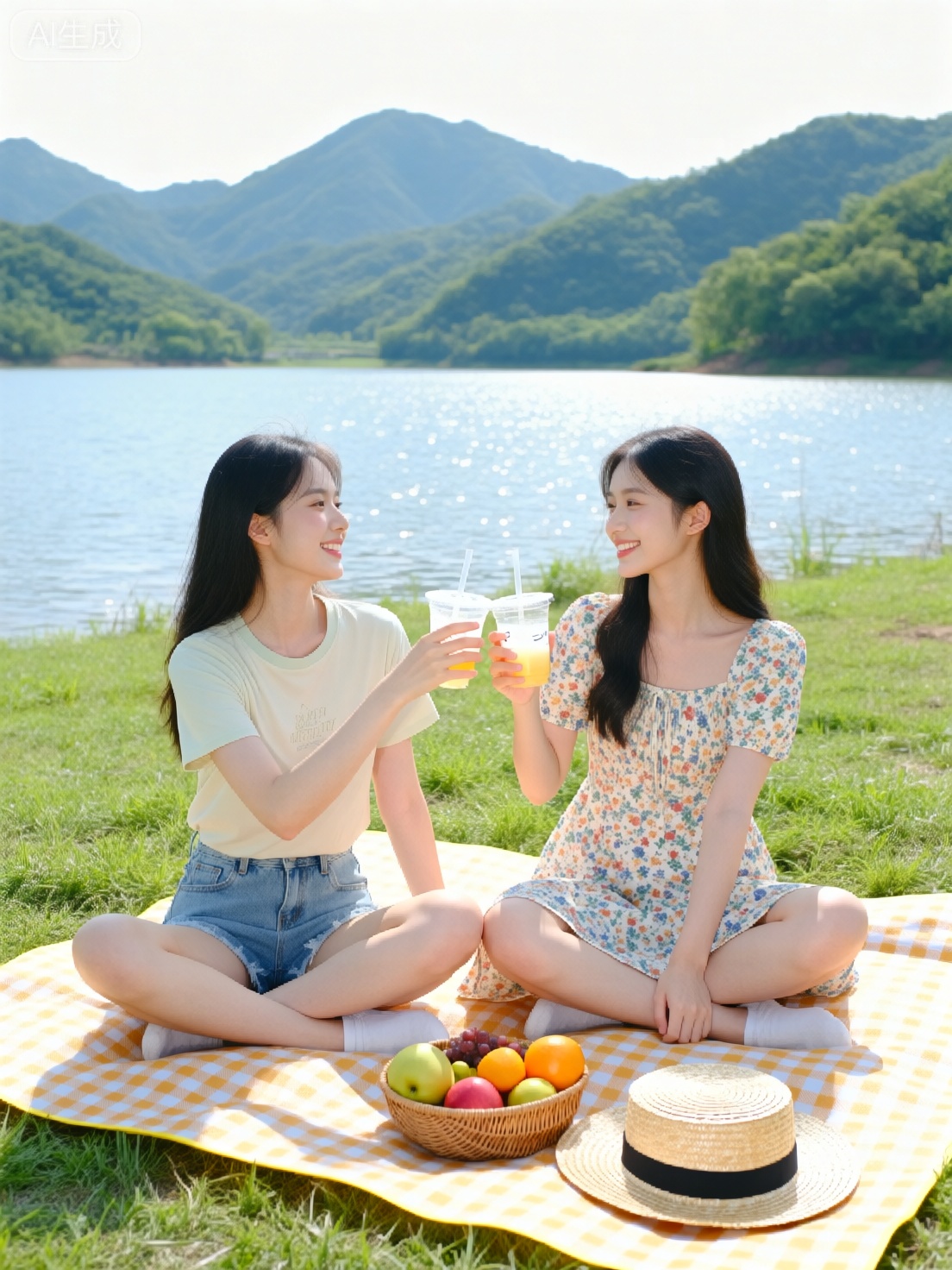 湖边草地野餐,两位女生盘腿坐在格子野餐布上,分别穿着浅色T恤配牛仔短裤、碎花连衣裙,脚边是草帽和水果篮,一起举杯饮料庆祝。远处是波光粼粼的湖面和青翠山峦。光线明亮,画面清新自然,氛围轻松愉快,充满夏日气息。